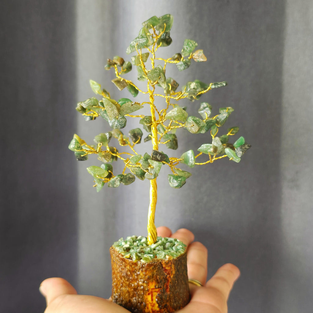 Green Aventurine Crystal Wire Tree, Gemstone Money Tree with 100-300 Chips and Wood Base,