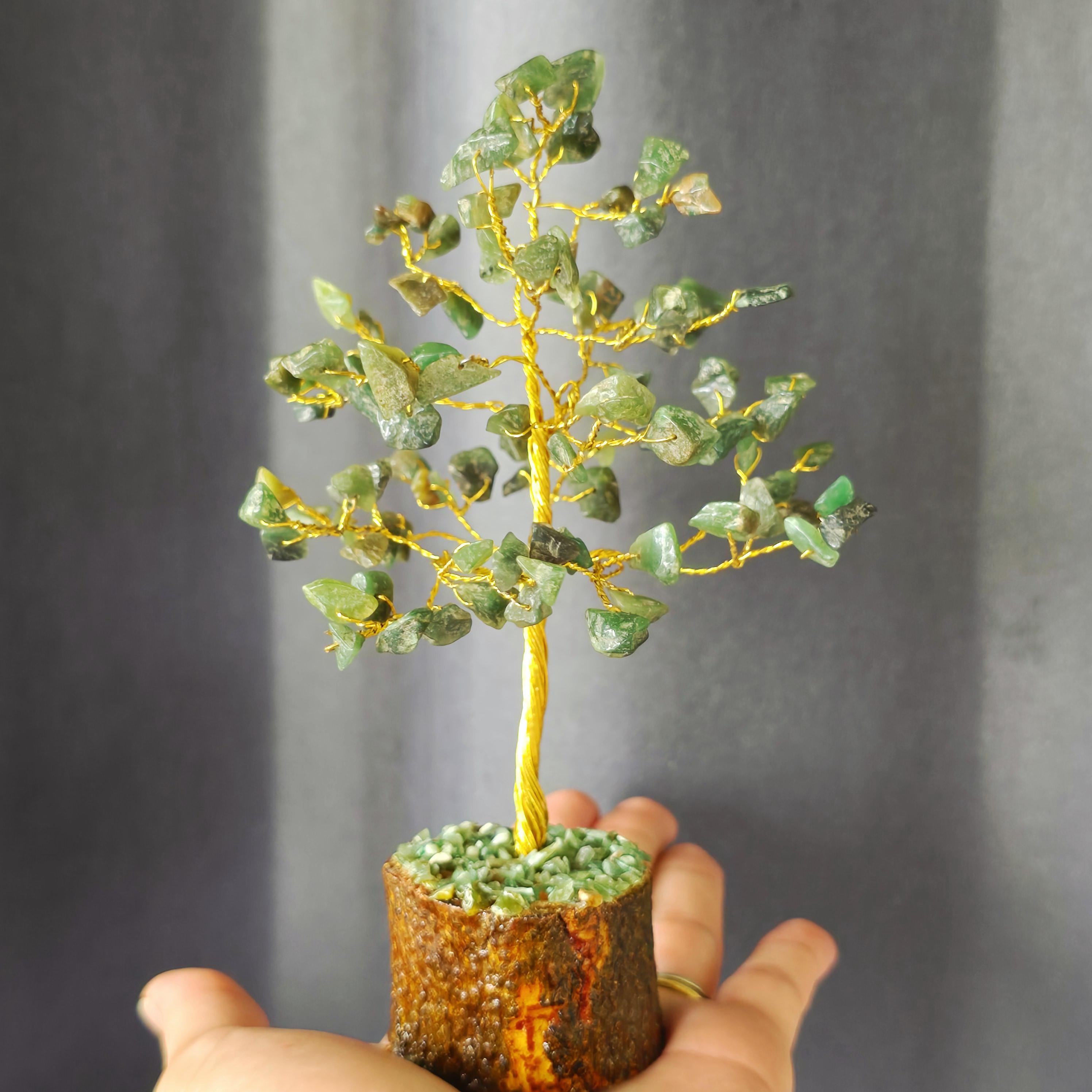 Green Aventurine Crystal Wire Tree, Gemstone Money Tree with 100-300 Chips and Wood Base,