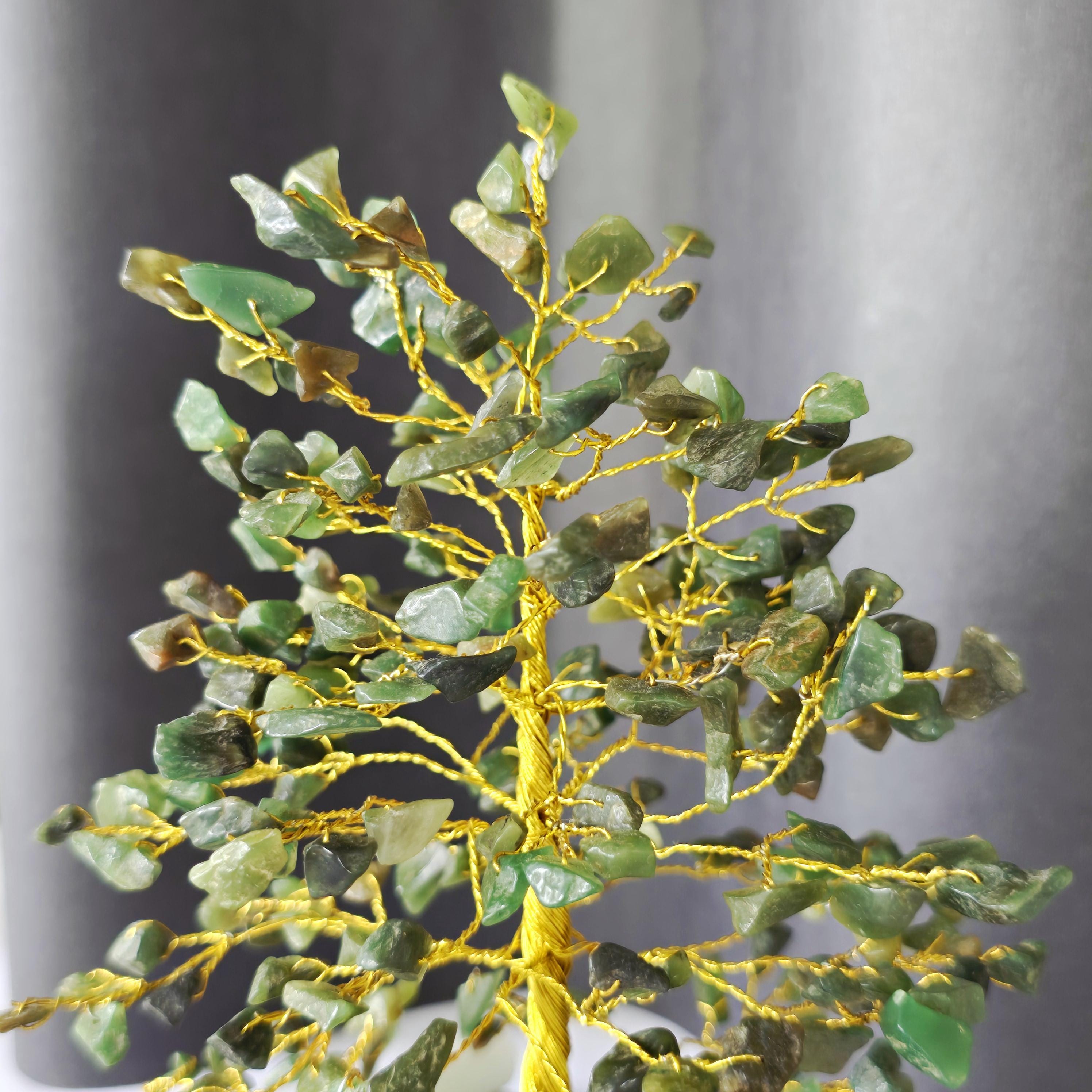 Green Aventurine Crystal Wire Tree, Gemstone Money Tree with 100-300 Chips and Wood Base,