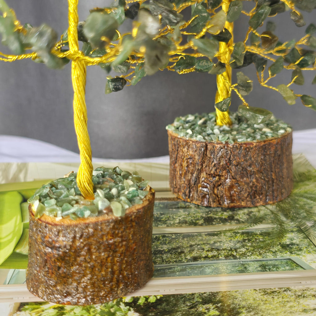 Green Aventurine Crystal Wire Tree, Gemstone Money Tree with 100-300 Chips and Wood Base,