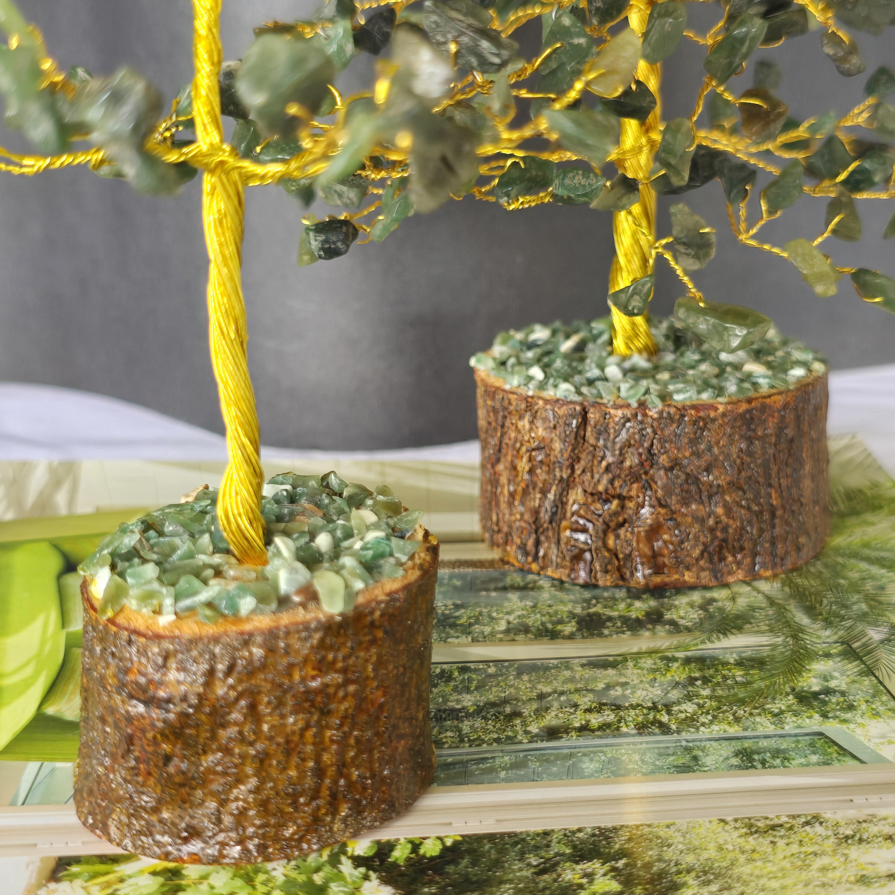 Green Aventurine Crystal Wire Tree, Gemstone Money Tree with 100-300 Chips and Wood Base,