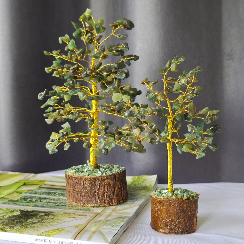 Green Aventurine Crystal Wire Tree, Gemstone Money Tree with 100-300 Chips and Wood Base,