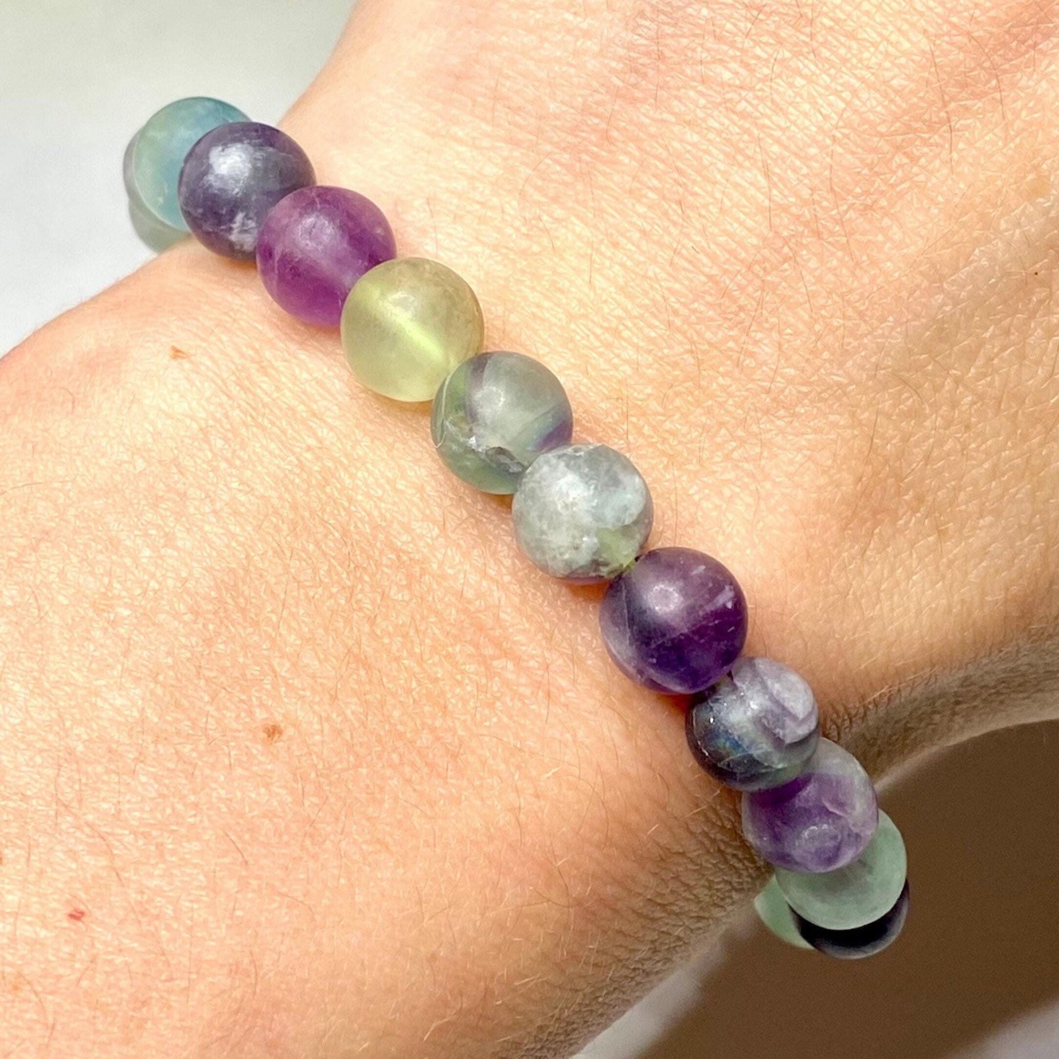Rainbow Fluorite Crystal Bracelet: Handmade Gemstone Beaded Bracelet, 8mm Matte Bead