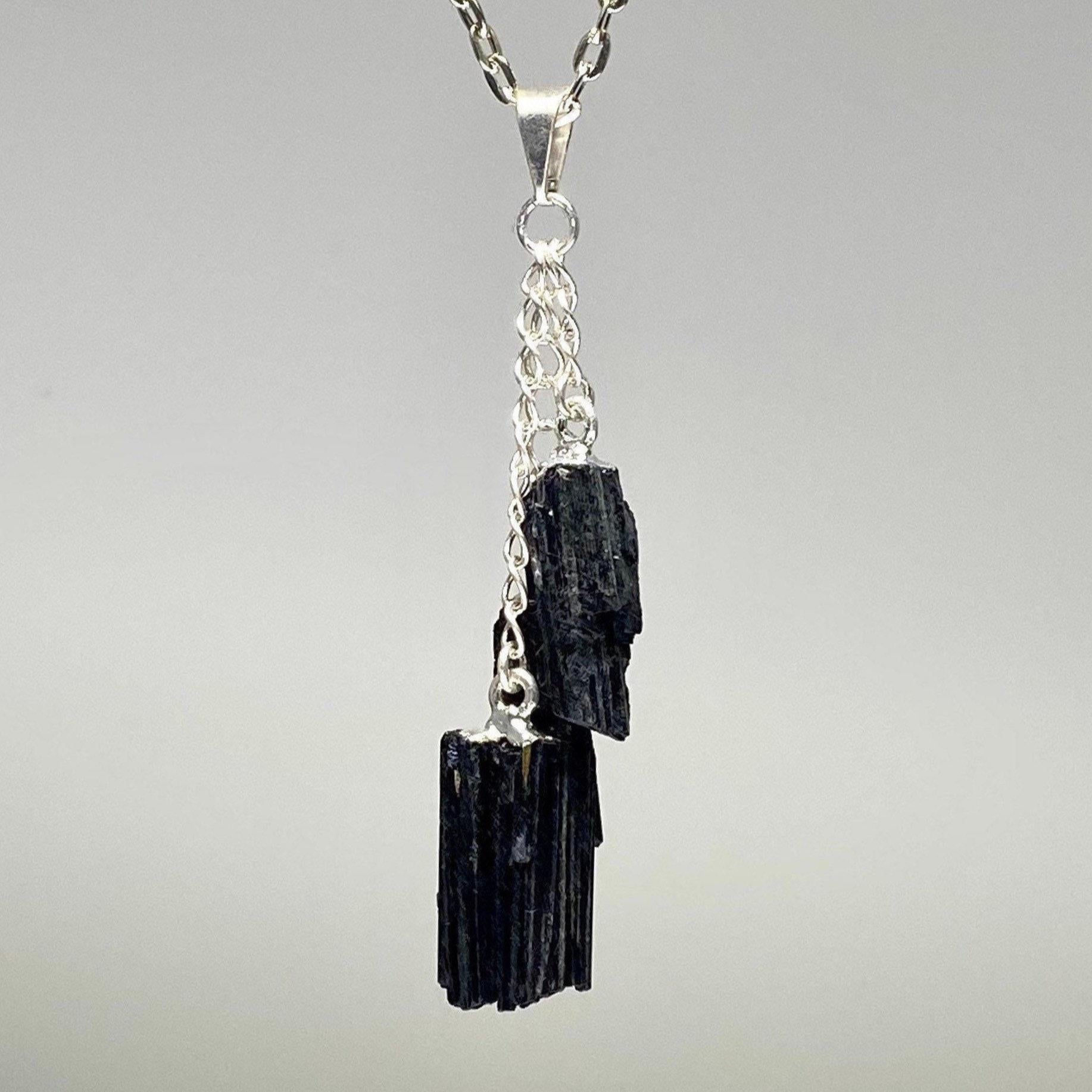 Black Tourmaline Triple Drop Pendant with Chain