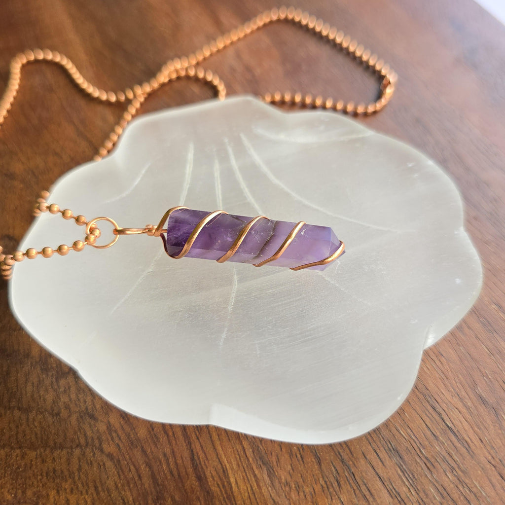 Amethyst Copper Wrapped Pendant Necklace - Handmade Crystal Jewelry