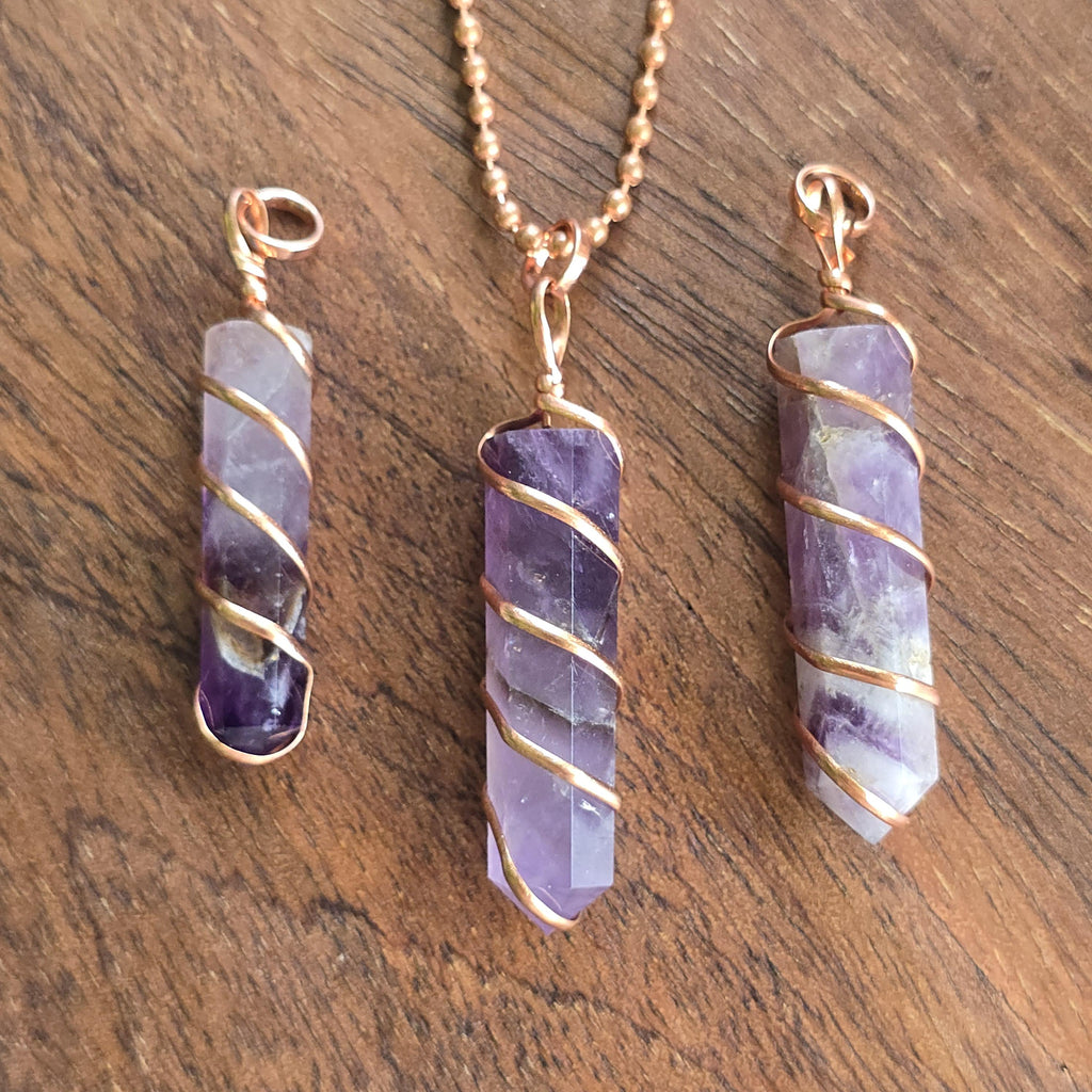 Amethyst Copper Wrapped Pendant Necklace - Handmade Crystal Jewelry