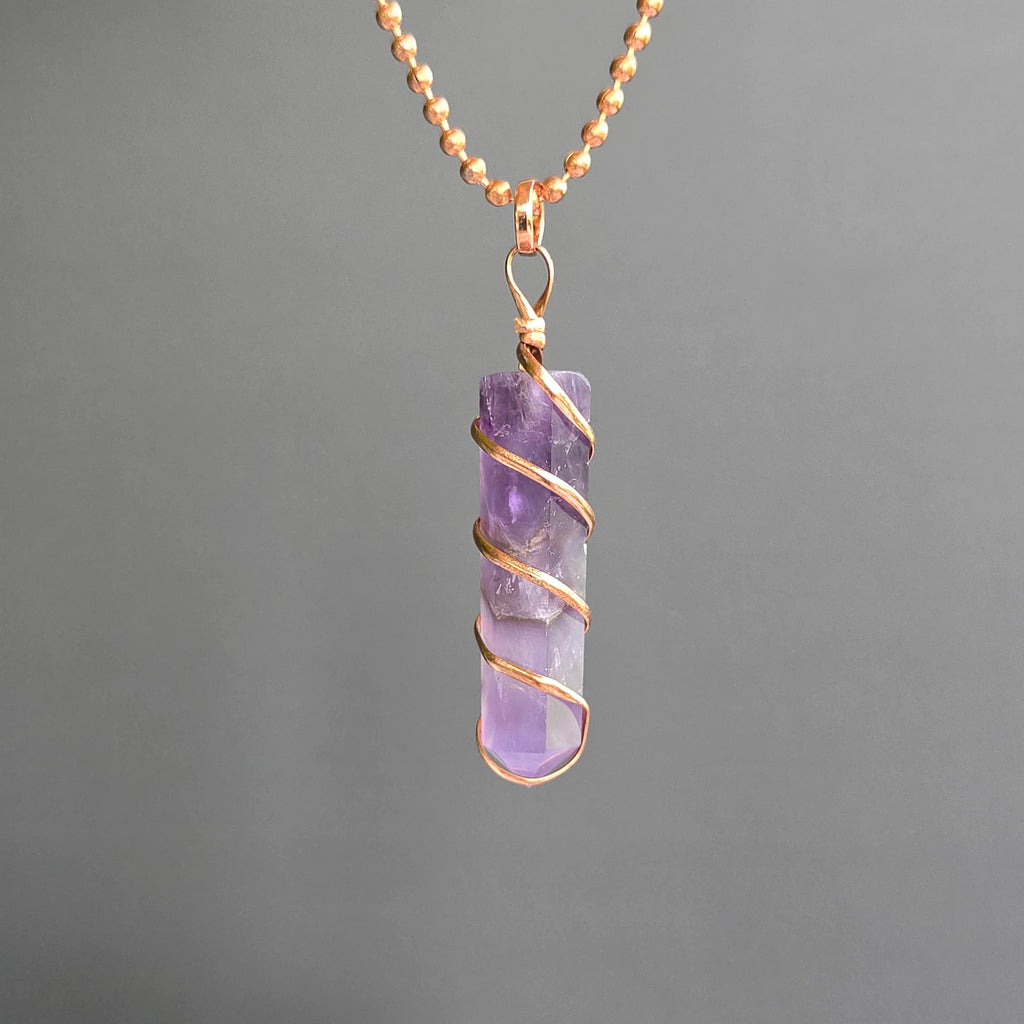 Amethyst Copper Wrapped Pendant Necklace - Handmade Crystal Jewelry