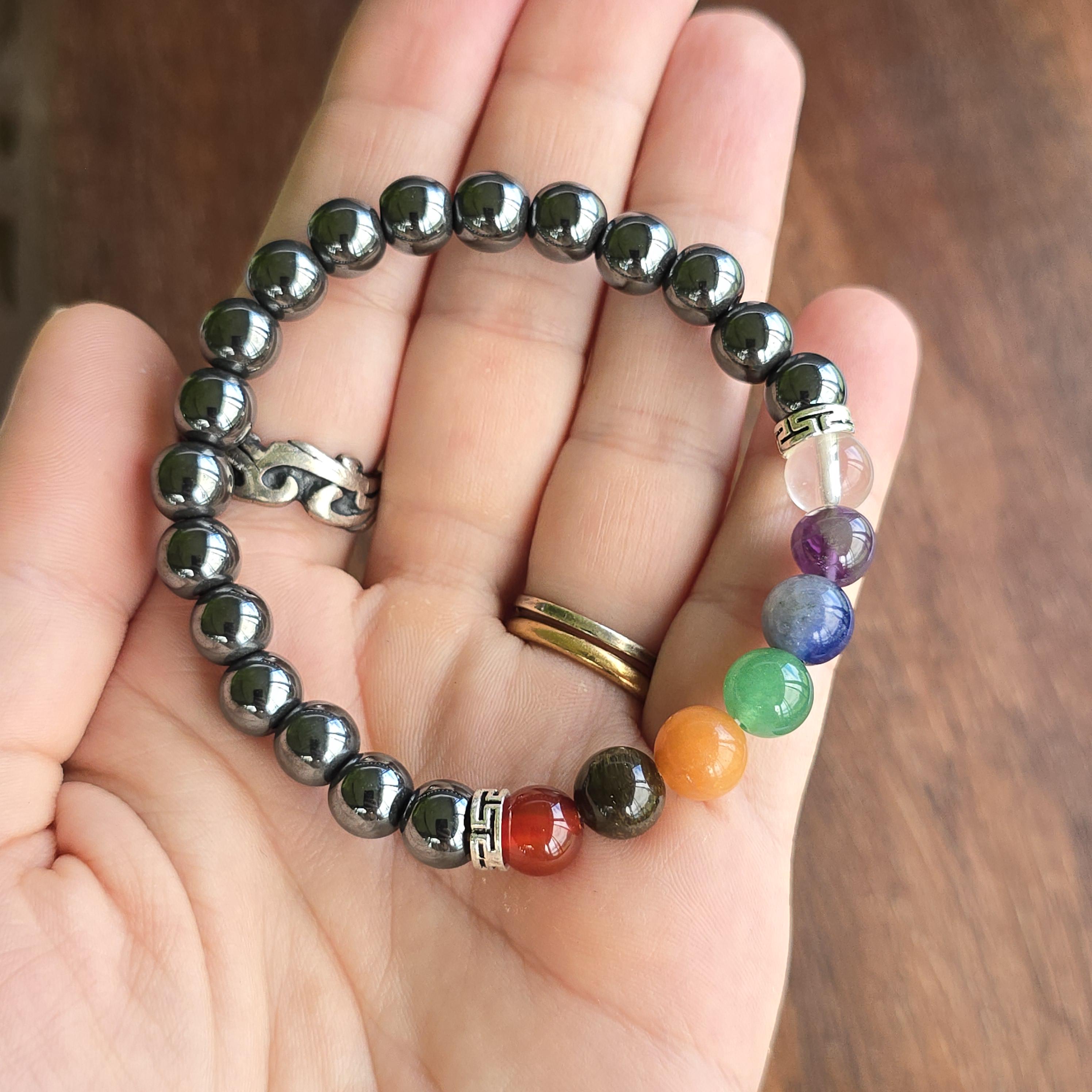 Seven Chakra Stone Hematite Bracelet: Handmade Gemstone Beaded Bracelet