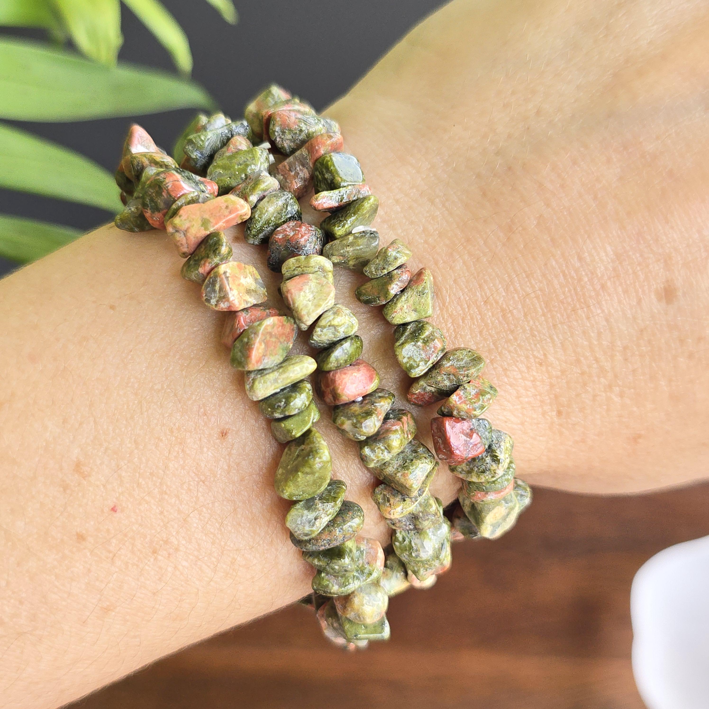 Unakite Jasper Crystal Chips Bracelet: Handmade Gemstone Beaded Bracelet