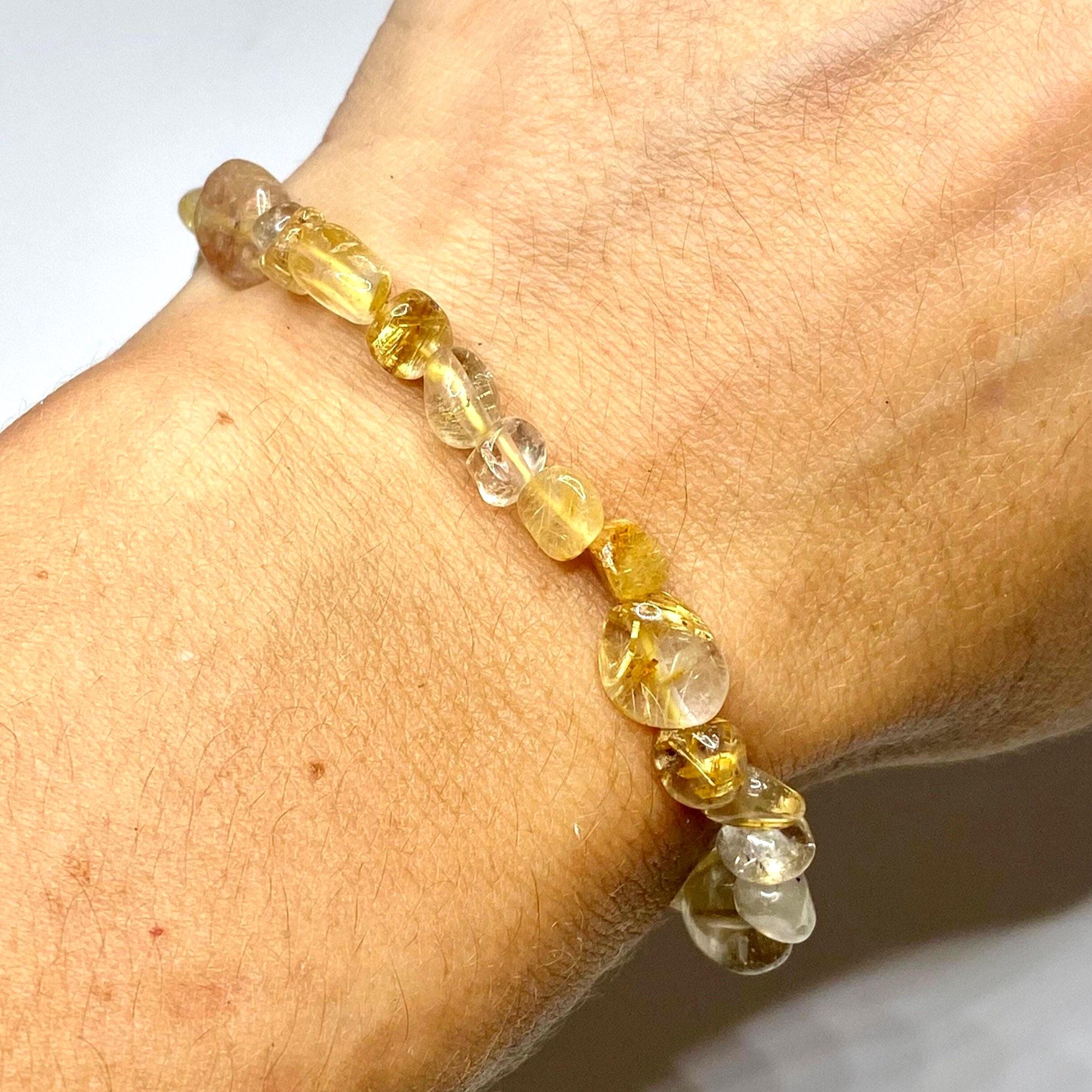 Rutilated Quartz Crystal Bracelet: Handmade Tumbled Gemstone Beaded Bracelet