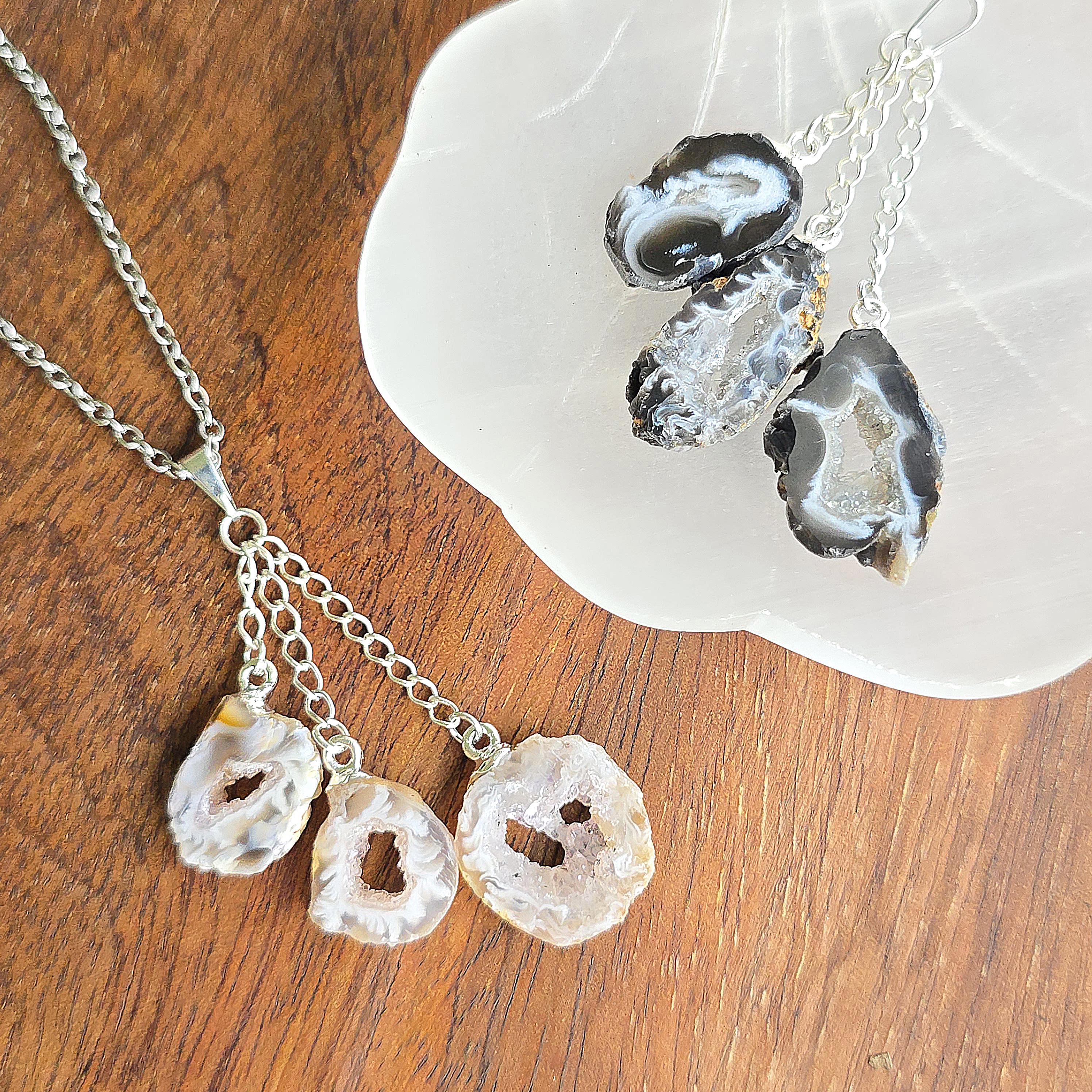Oco Geode Pendant Necklace: Triple Drop Crystal Pendant with Chain