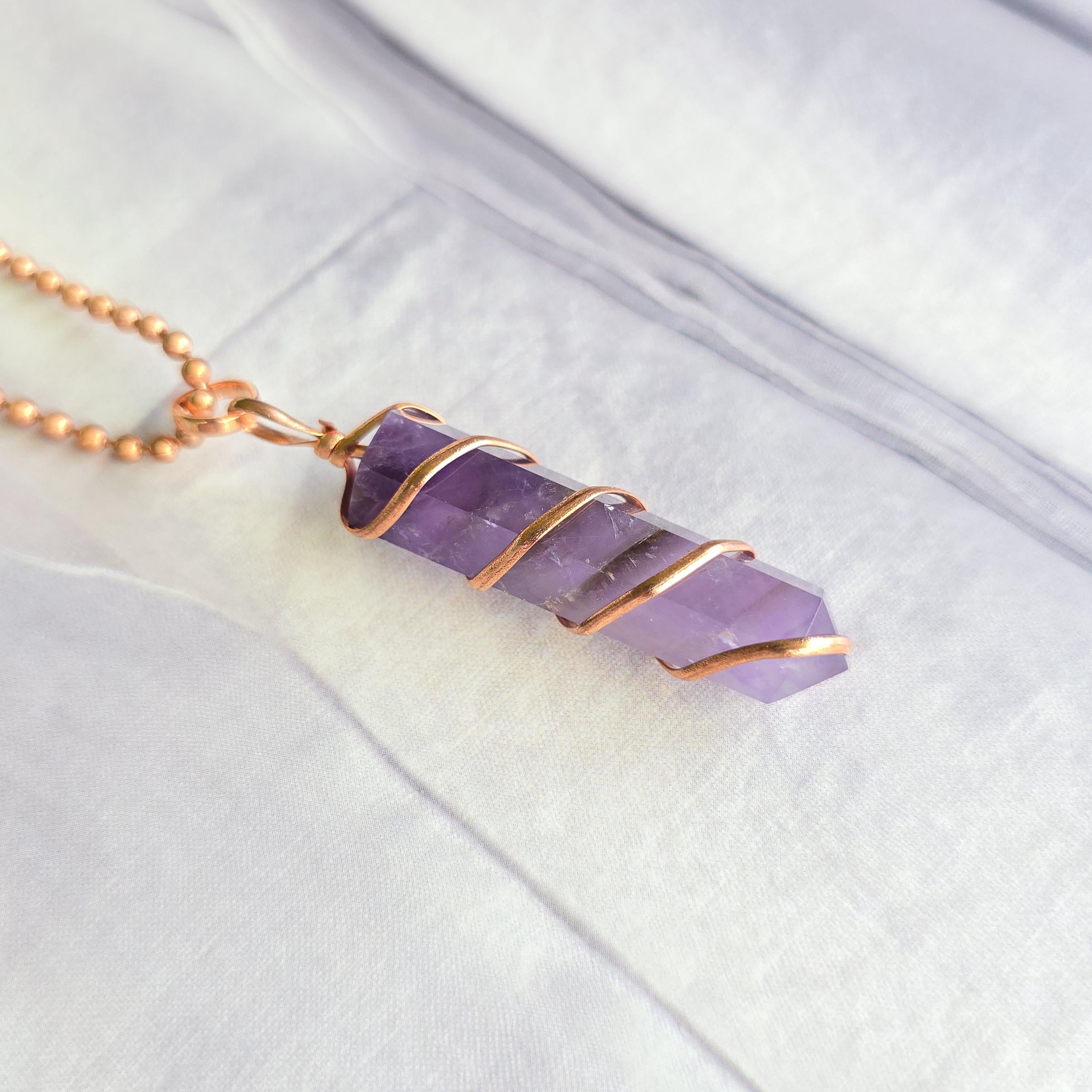 Amethyst Copper Wrapped Pendant Necklace - Handmade Crystal Jewelry