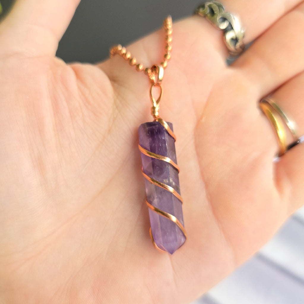 Amethyst Copper Wrapped Pendant Necklace - Handmade Crystal Jewelry