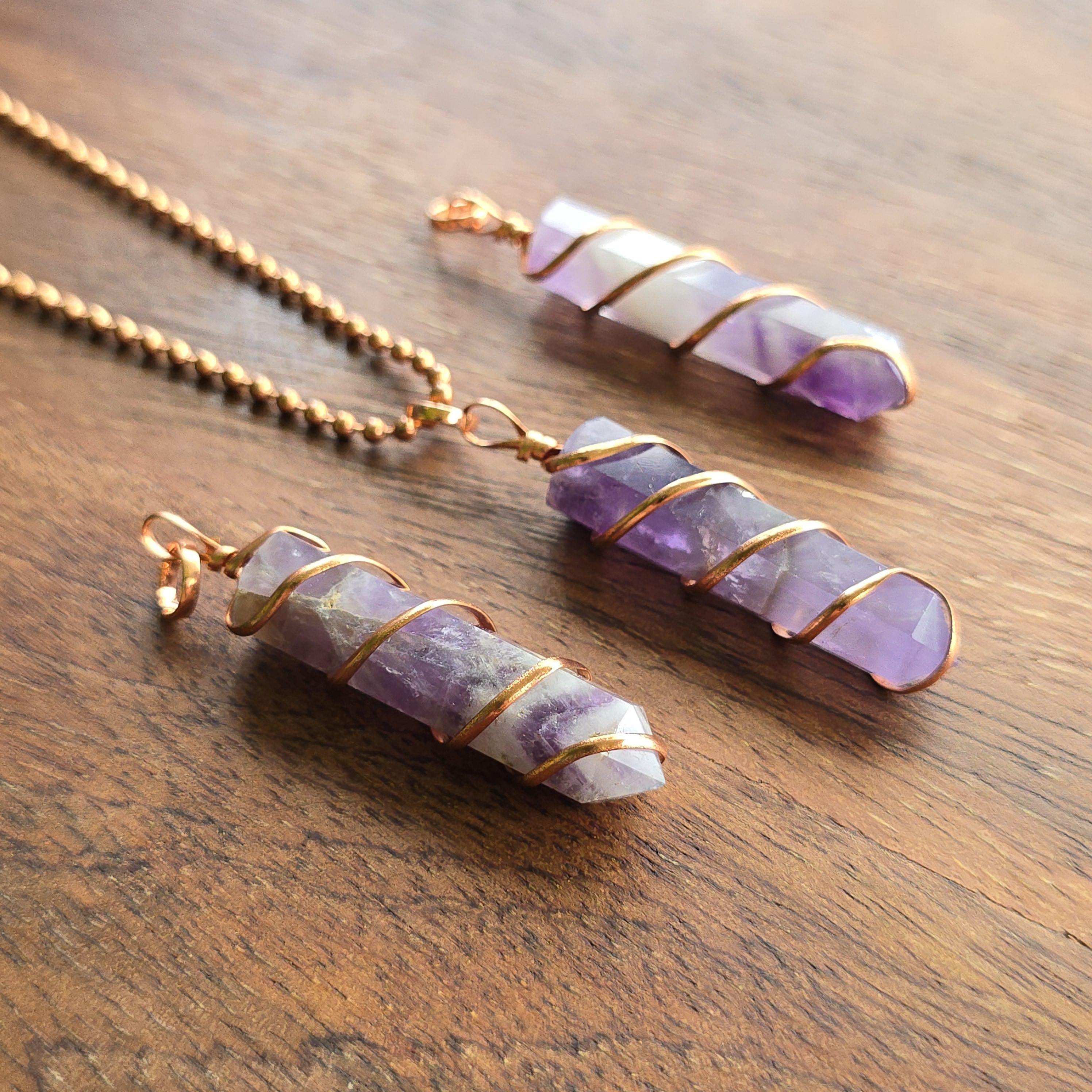 Amethyst Copper Wrapped Pendant Necklace - Handmade Crystal Jewelry
