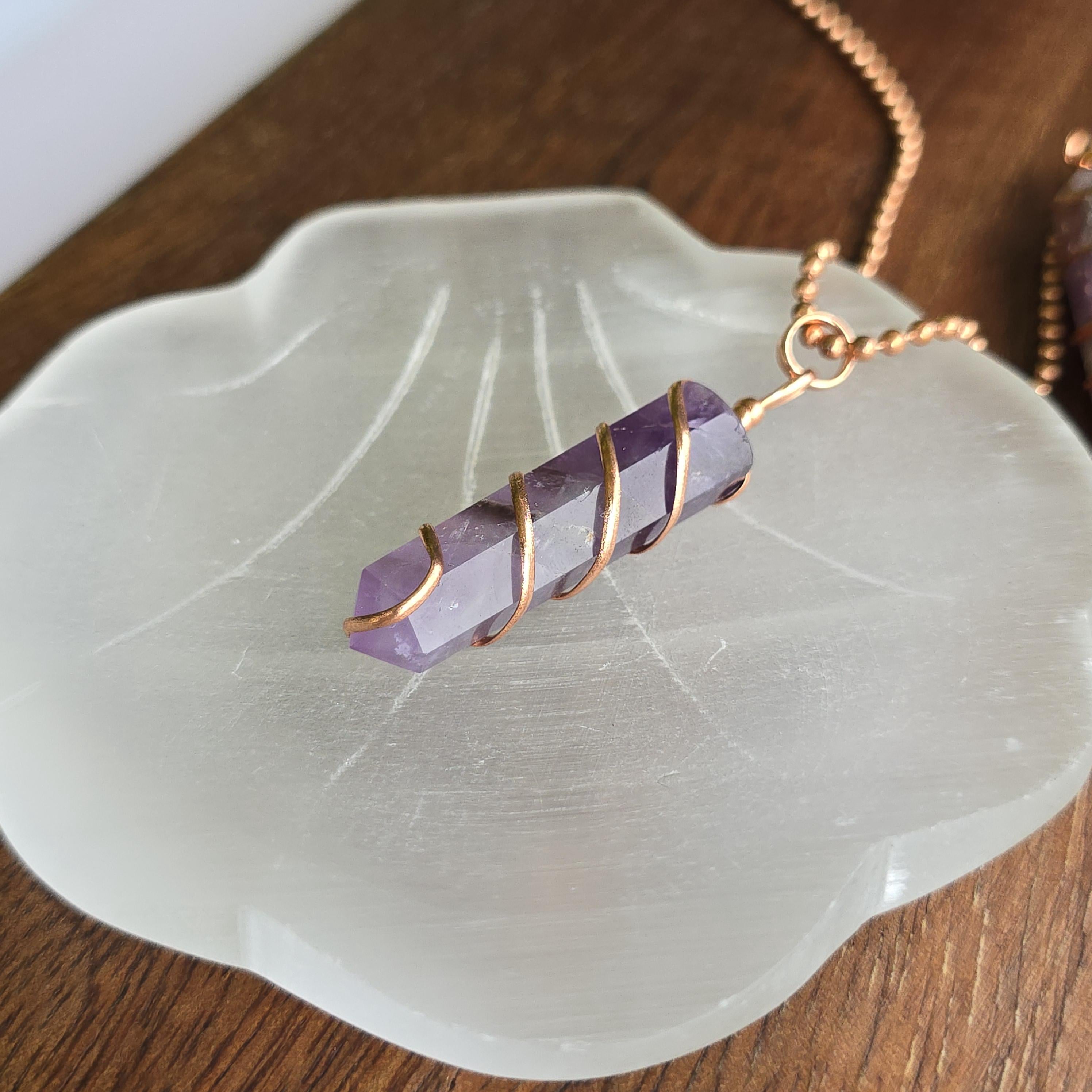 Amethyst Copper Wrapped Pendant Necklace - Handmade Crystal Jewelry
