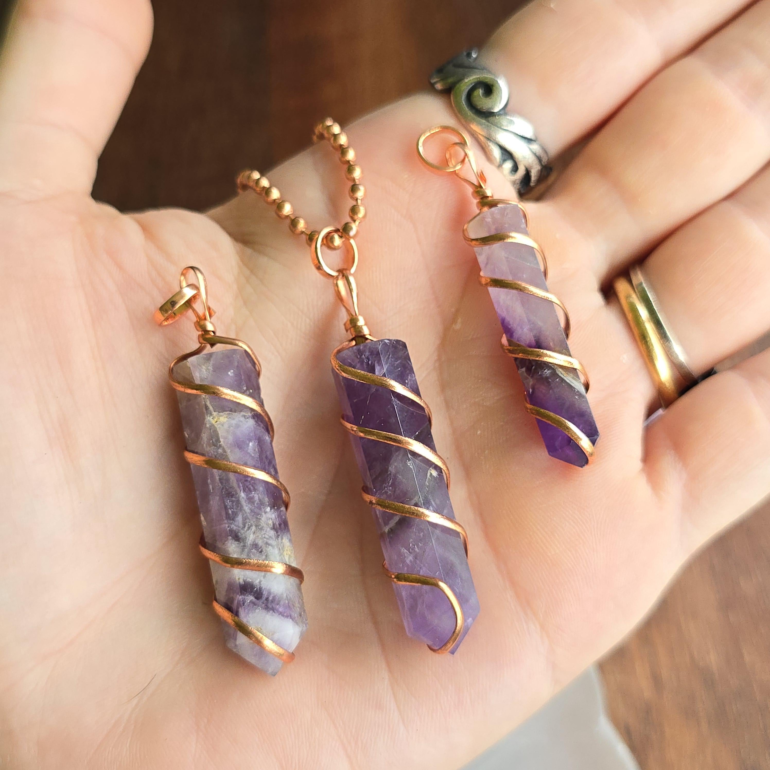 Amethyst Copper Wrapped Pendant Necklace - Handmade Crystal Jewelry