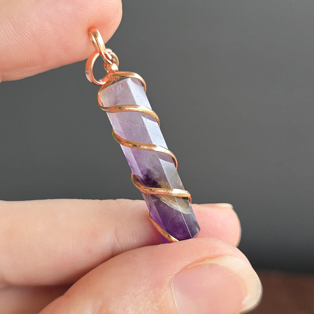 Amethyst Copper Wrapped Pendant Necklace - Handmade Crystal Jewelry