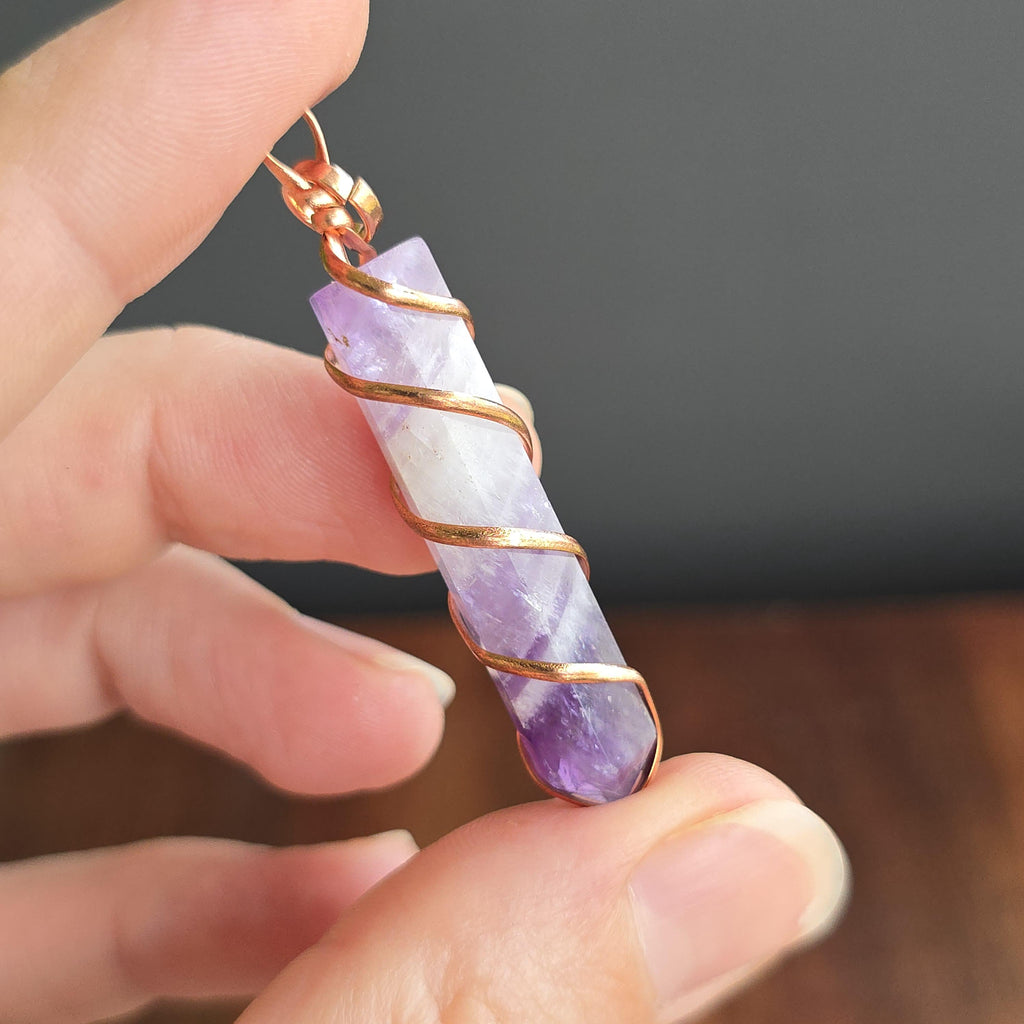 Amethyst Copper Wrapped Pendant Necklace - Handmade Crystal Jewelry