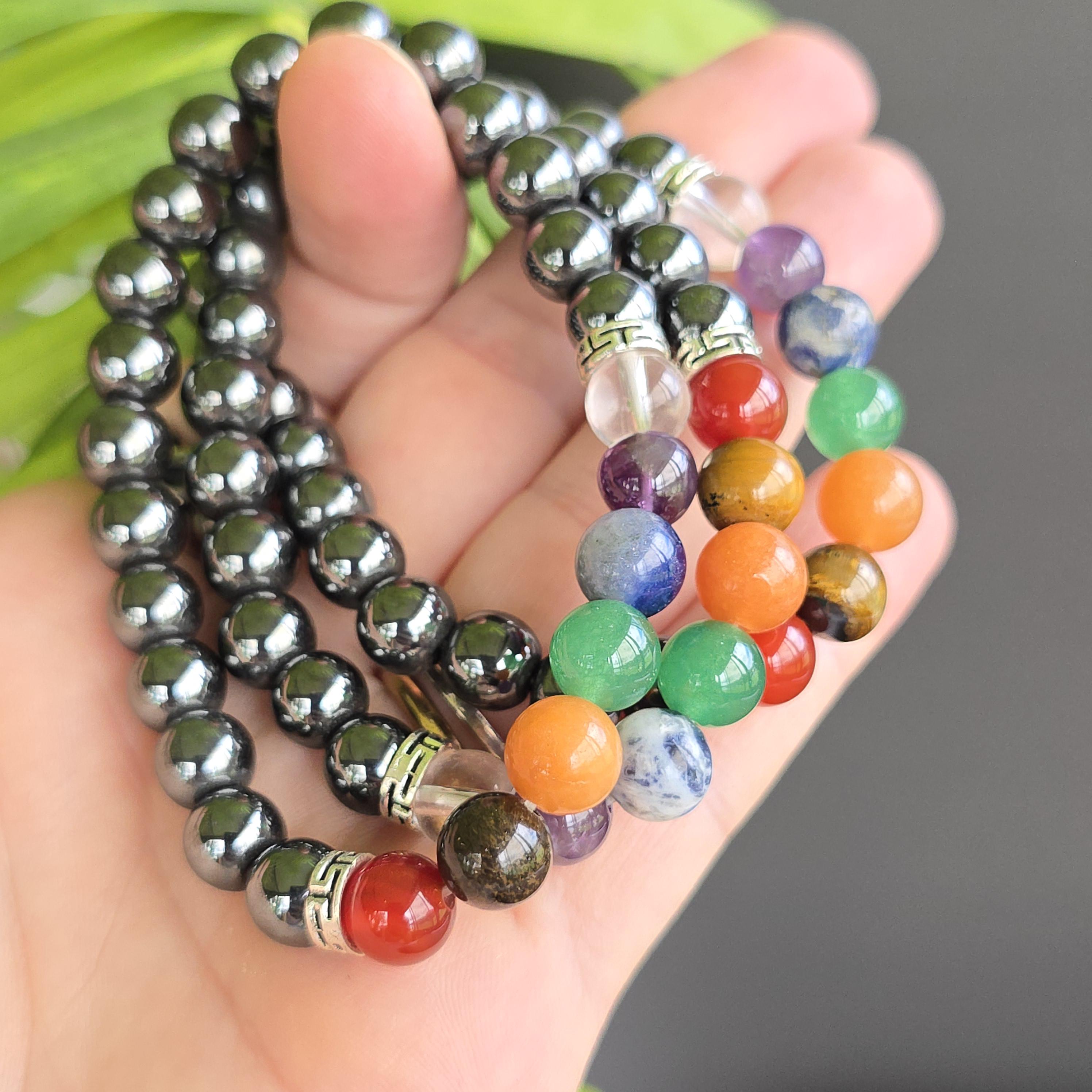 Seven Chakra Stone Hematite Bracelet: Handmade Gemstone Beaded Bracelet