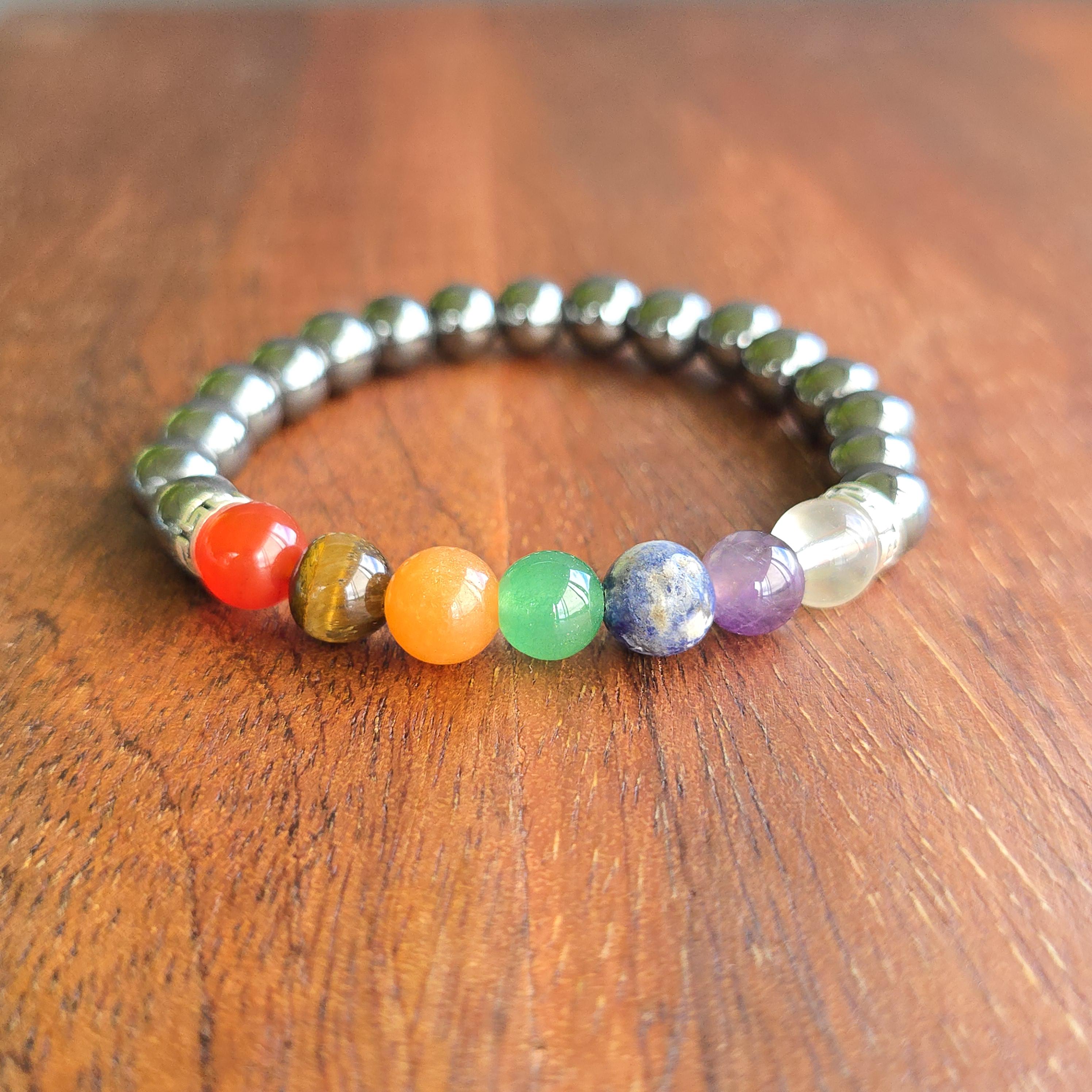 Seven Chakra Stone Hematite Bracelet: Handmade Gemstone Beaded Bracelet