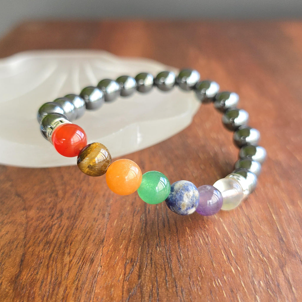 Seven Chakra Stone Hematite Bracelet: Handmade Gemstone Beaded Bracelet