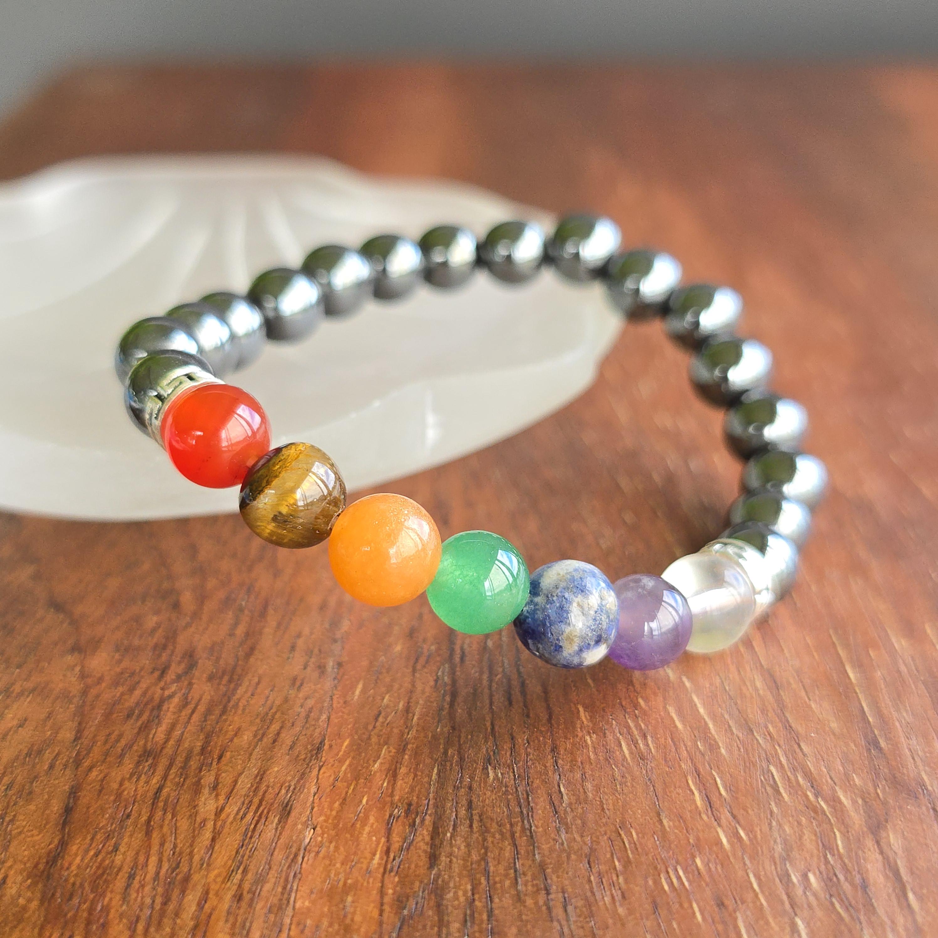 Seven Chakra Stone Hematite Bracelet: Handmade Gemstone Beaded Bracelet