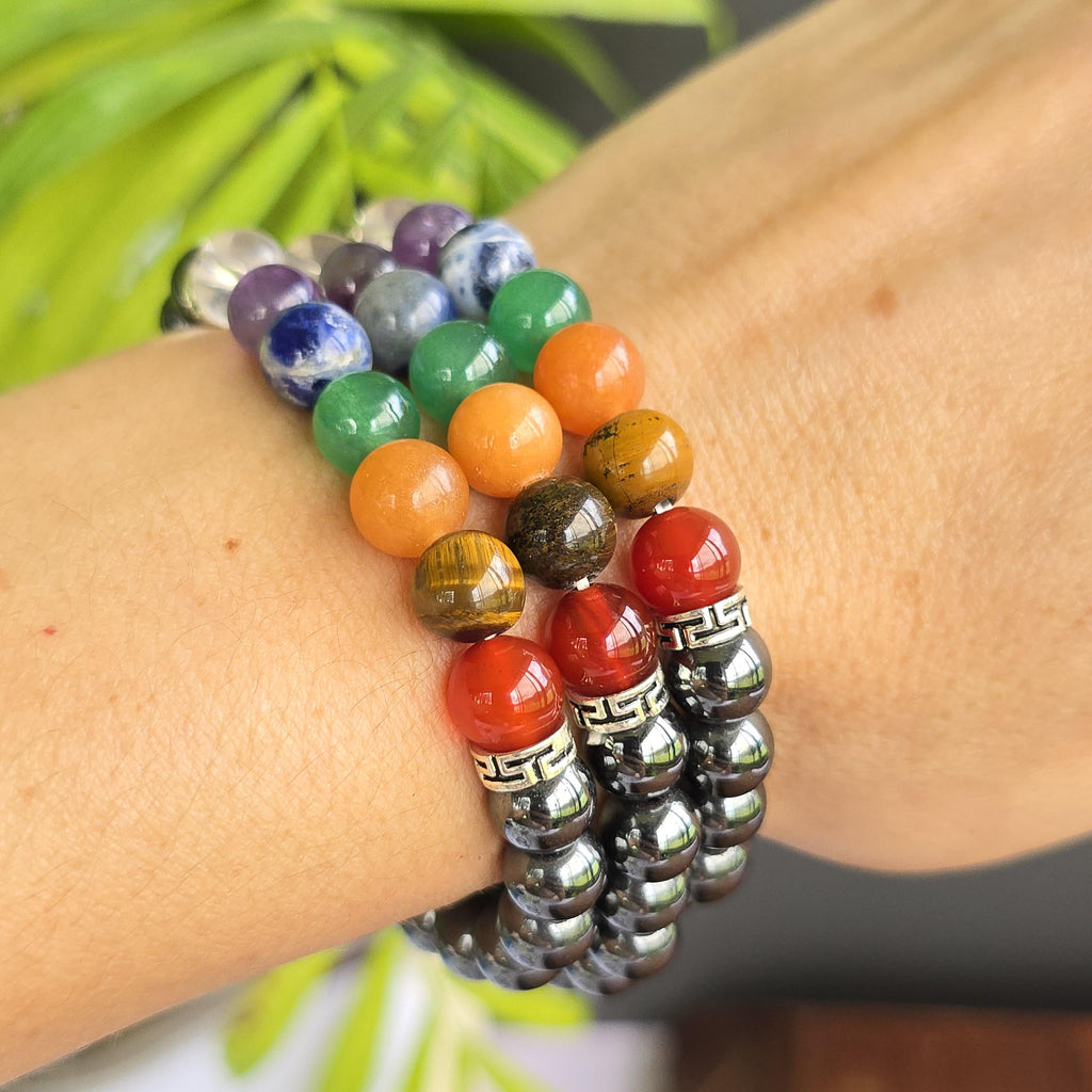 Seven Chakra Stone Hematite Bracelet: Handmade Gemstone Beaded Bracelet