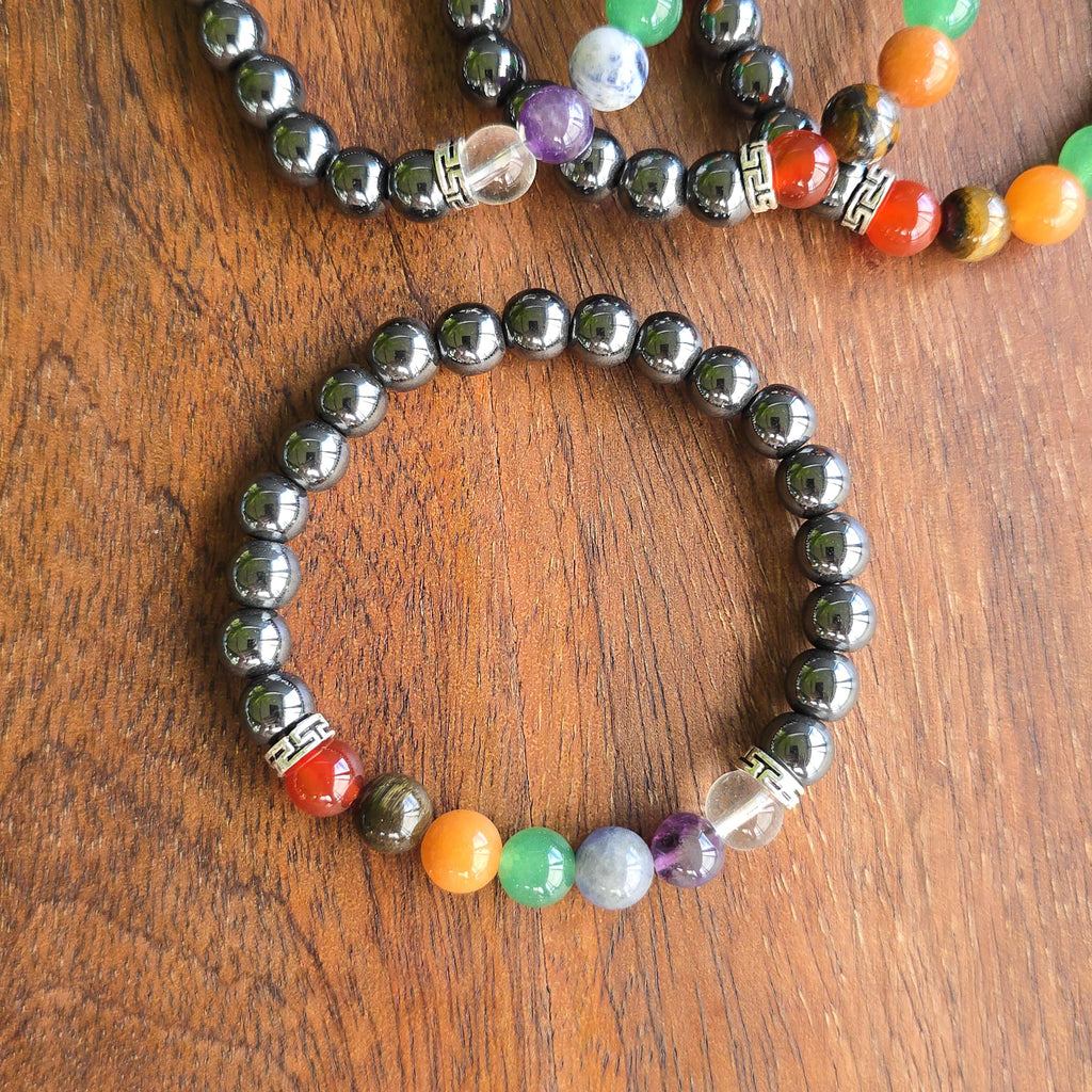 Seven Chakra Stone Hematite Bracelet: Handmade Gemstone Beaded Bracelet