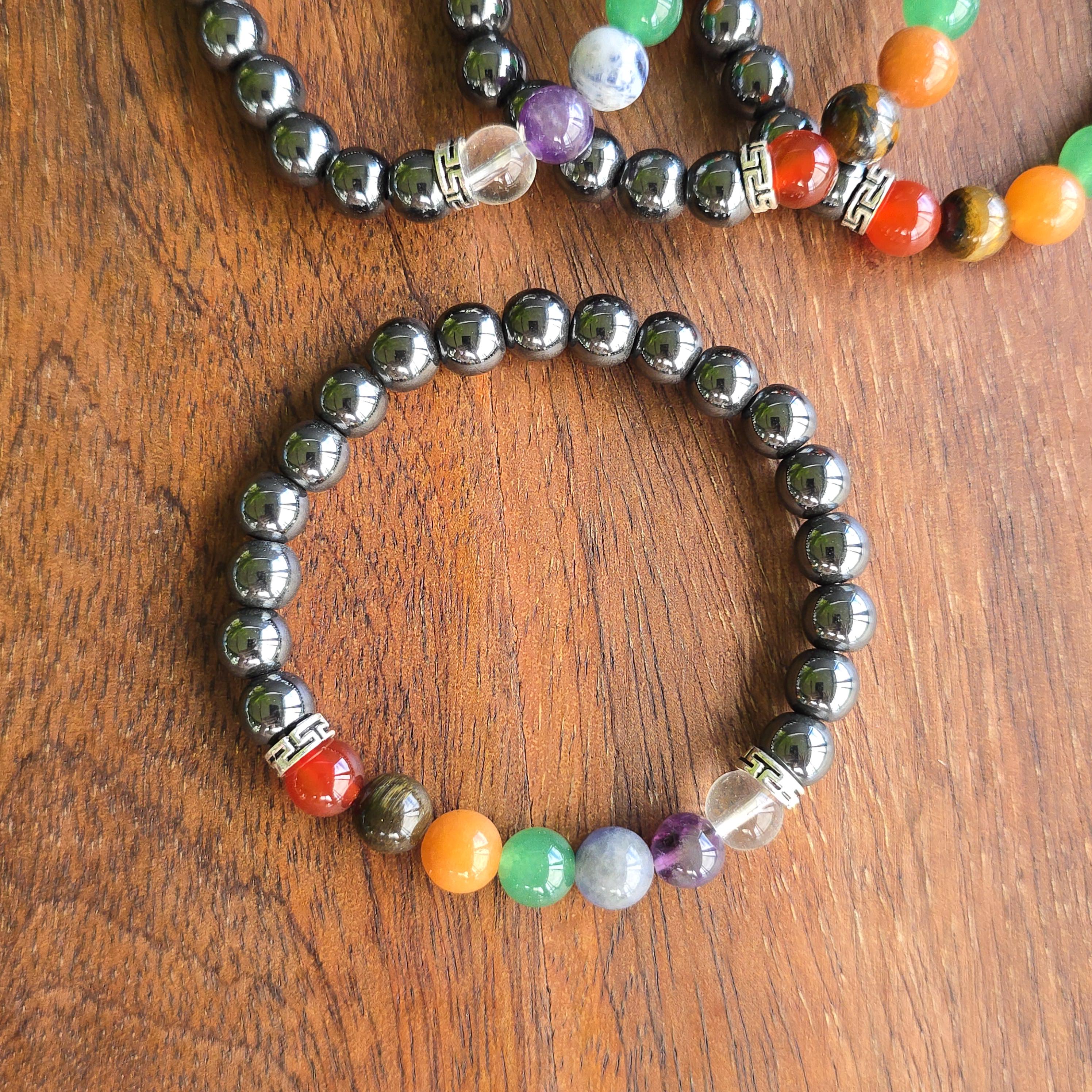 Seven Chakra Stone Hematite Bracelet: Handmade Gemstone Beaded Bracelet
