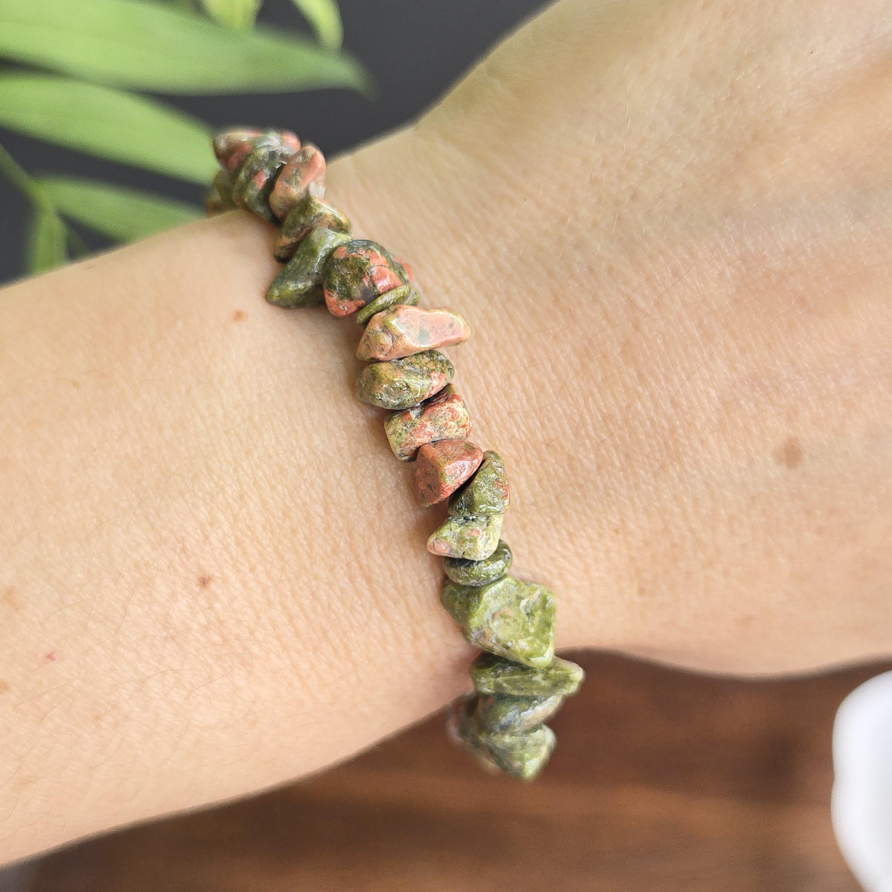 Unakite Jasper Crystal Chips Bracelet: Handmade Gemstone Beaded Bracelet