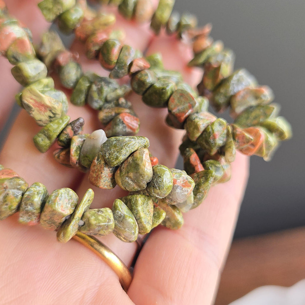 Unakite Jasper Crystal Chips Bracelet: Handmade Gemstone Beaded Bracelet