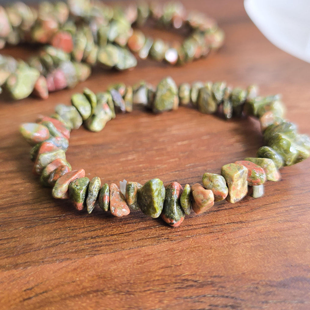 Unakite Jasper Crystal Chips Bracelet: Handmade Gemstone Beaded Bracelet