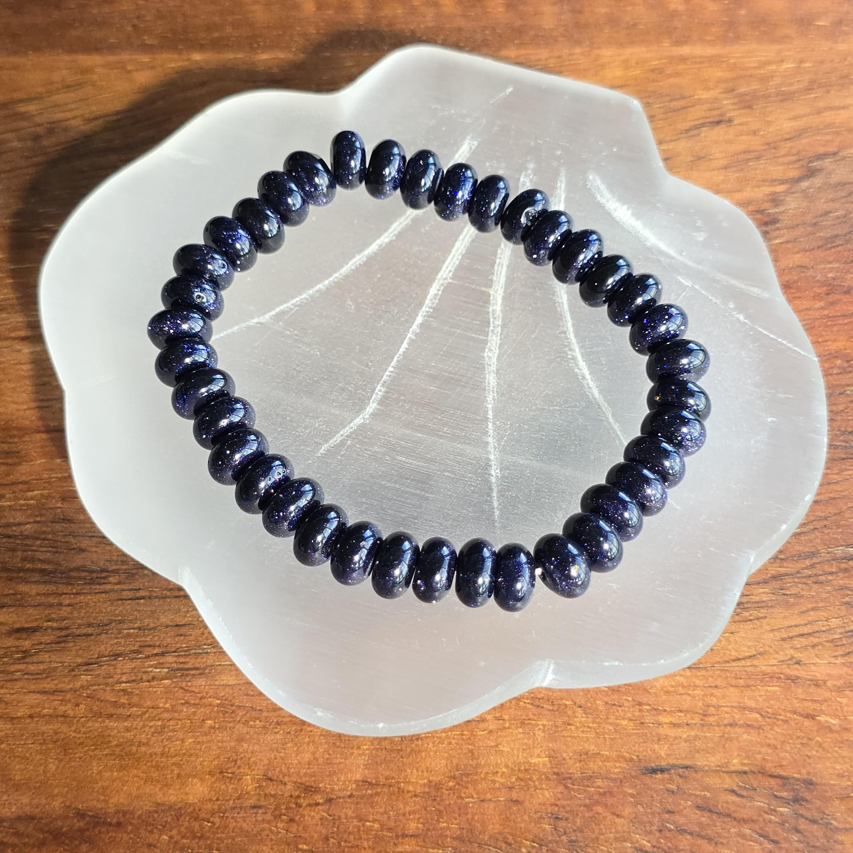 Blue Goldstone Beaded Bracelet: Rondelle Bead Stretch Bracelet