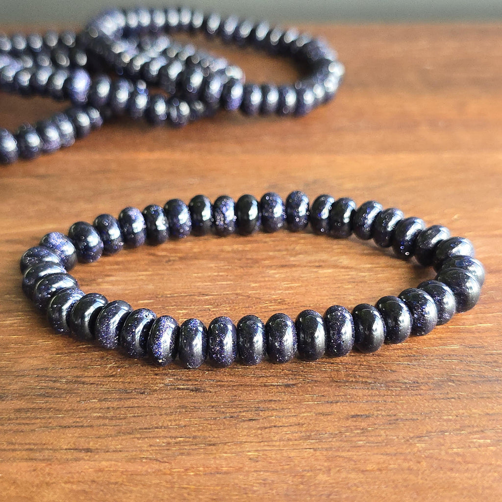 Blue Goldstone Beaded Bracelet: Rondelle Bead Stretch Bracelet