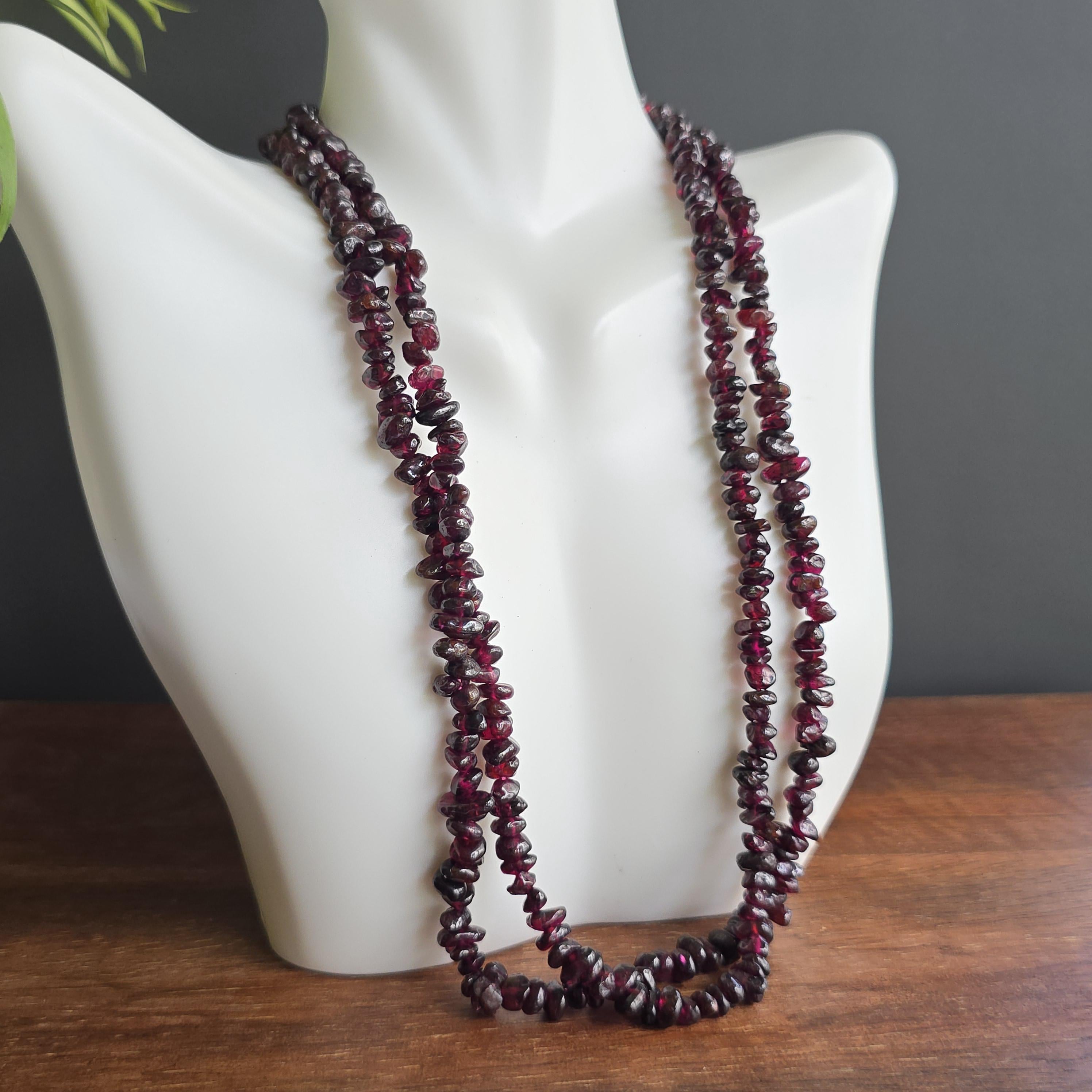 Long Garnet Crystal Necklace: 30 Inch Handmade Gemstone Chips Necklace