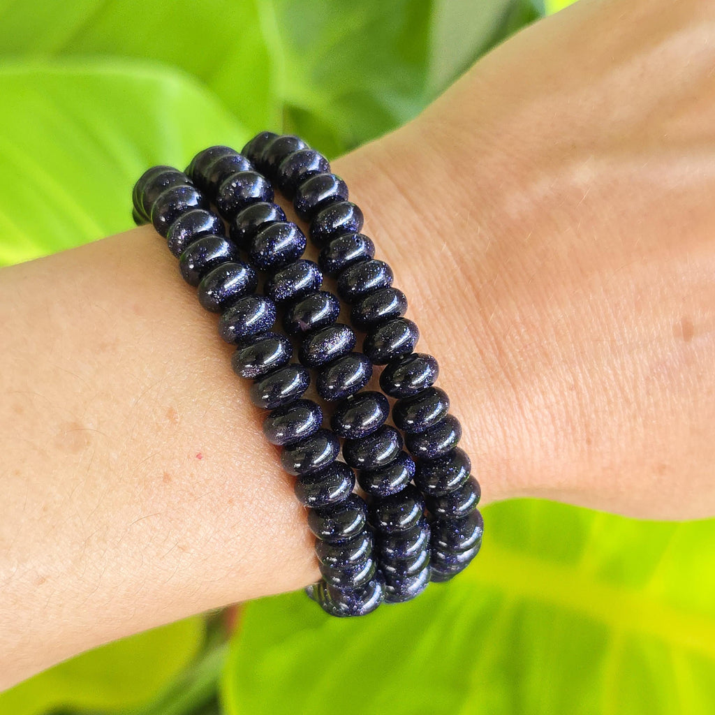 Blue Goldstone Beaded Bracelet: Rondelle Bead Stretch Bracelet