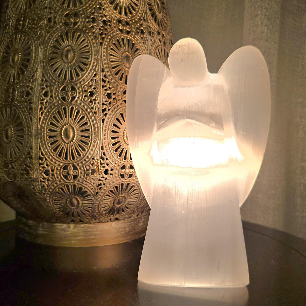 Selenite Angel Table Lamp: Large Unique Crystal Tower