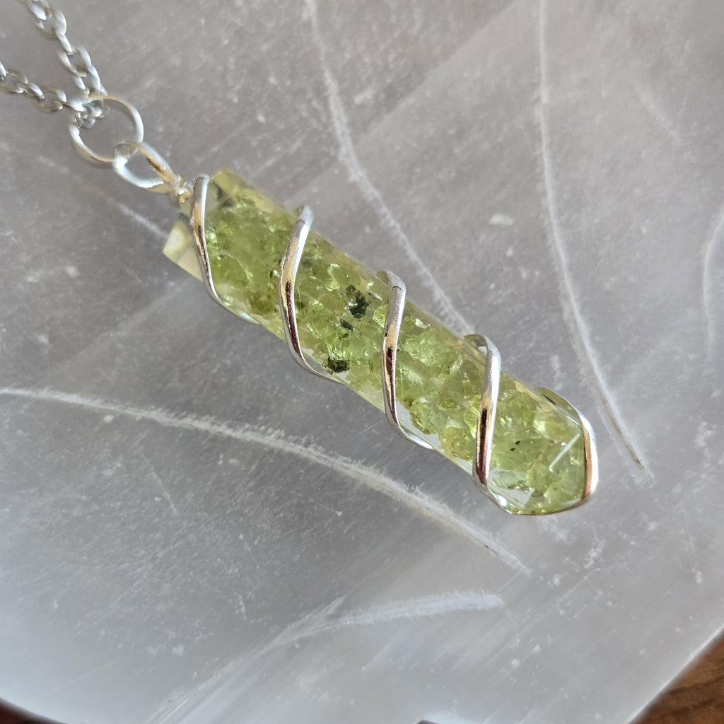 Peridot in Orgonite Wire Wrapped Pendant Necklace