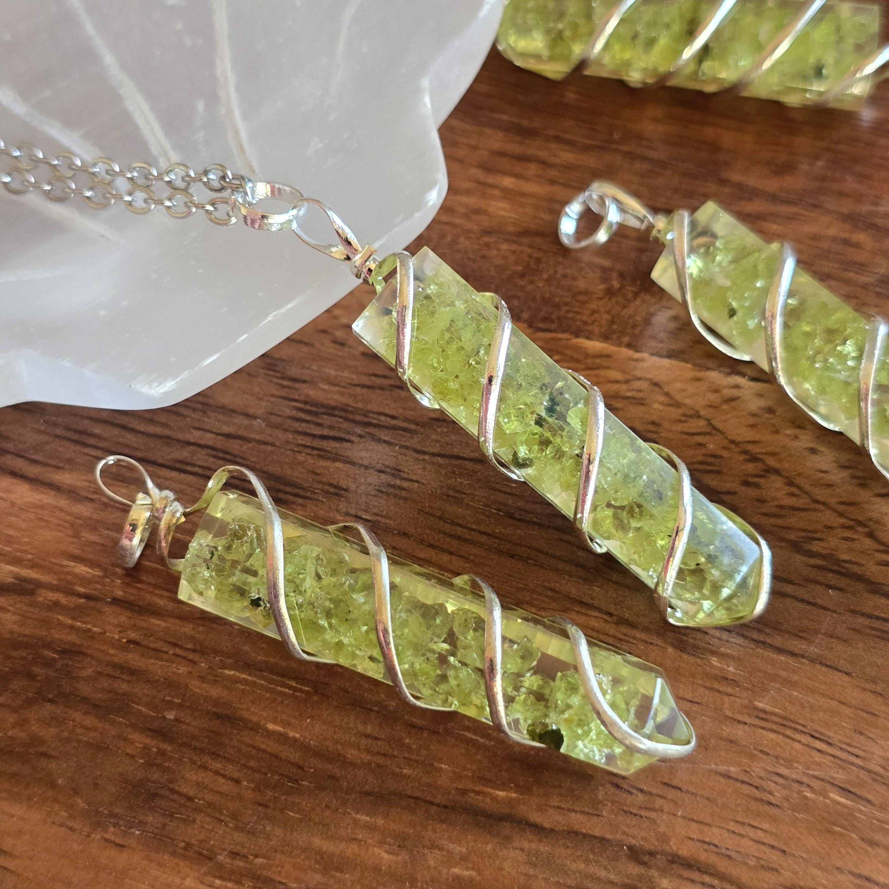Peridot in Orgonite Wire Wrapped Pendant Necklace