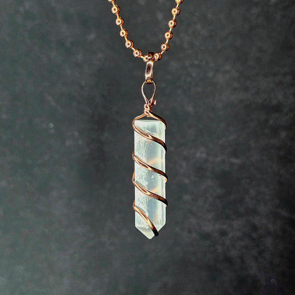 Selenite Wire Wrap Crystal Necklace - Copper Wrapped Gemstone Pendant with Chain