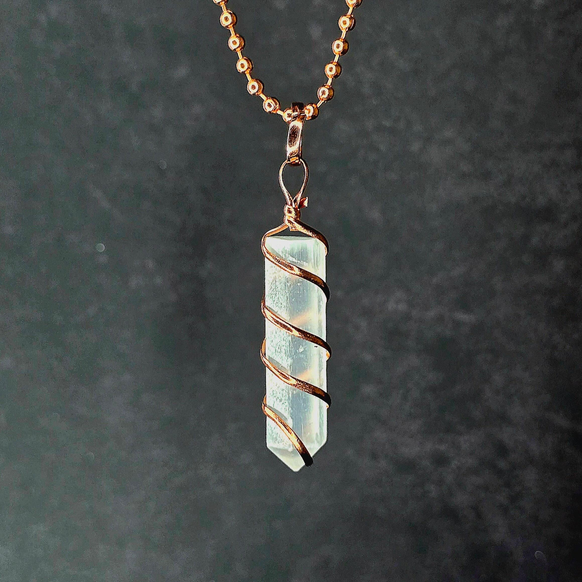 Selenite Wire Wrap Crystal Necklace - Copper Wrapped Gemstone Pendant with Chain
