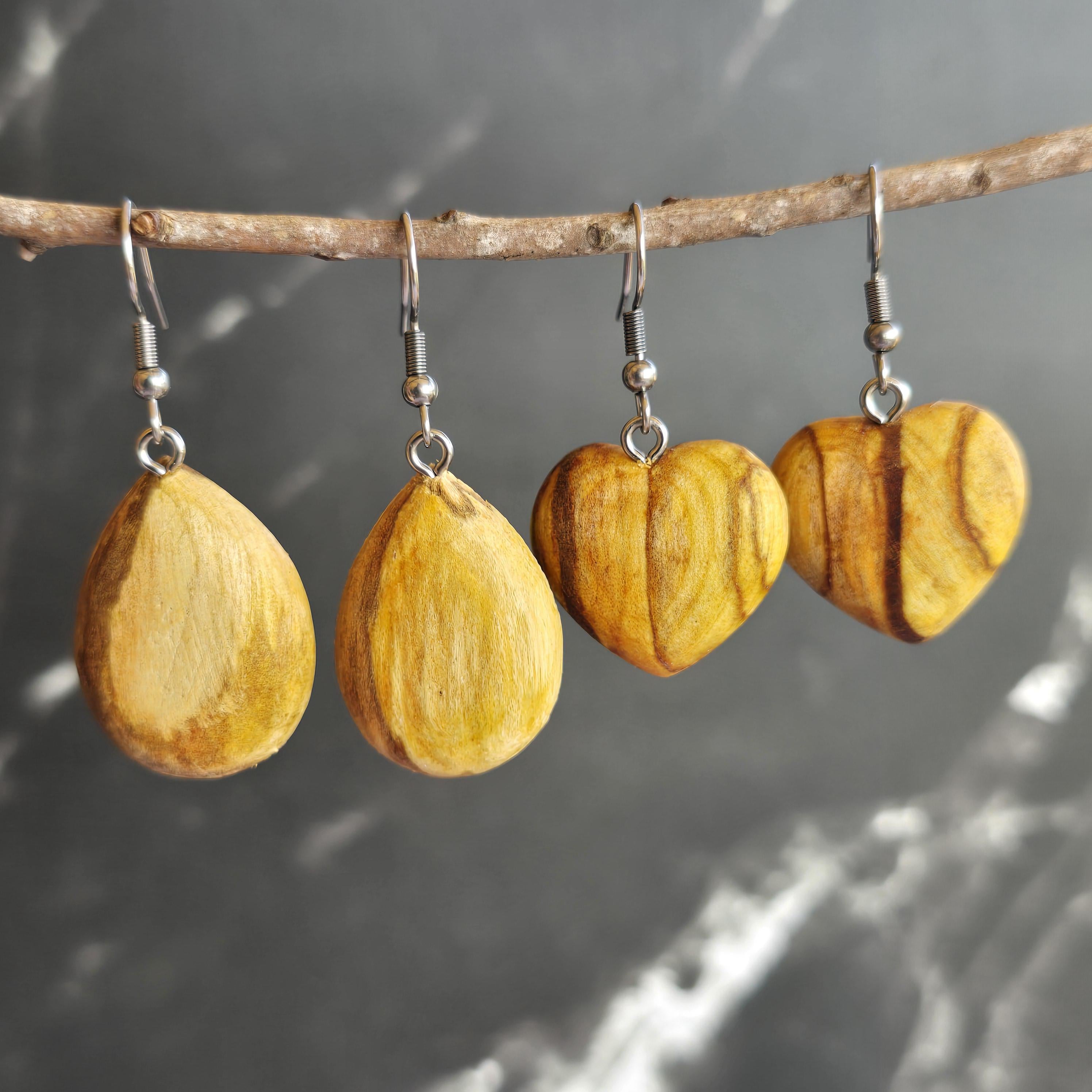 Palo Santo Wood Earrings - Heart or Drop Shape Dangle Earrings