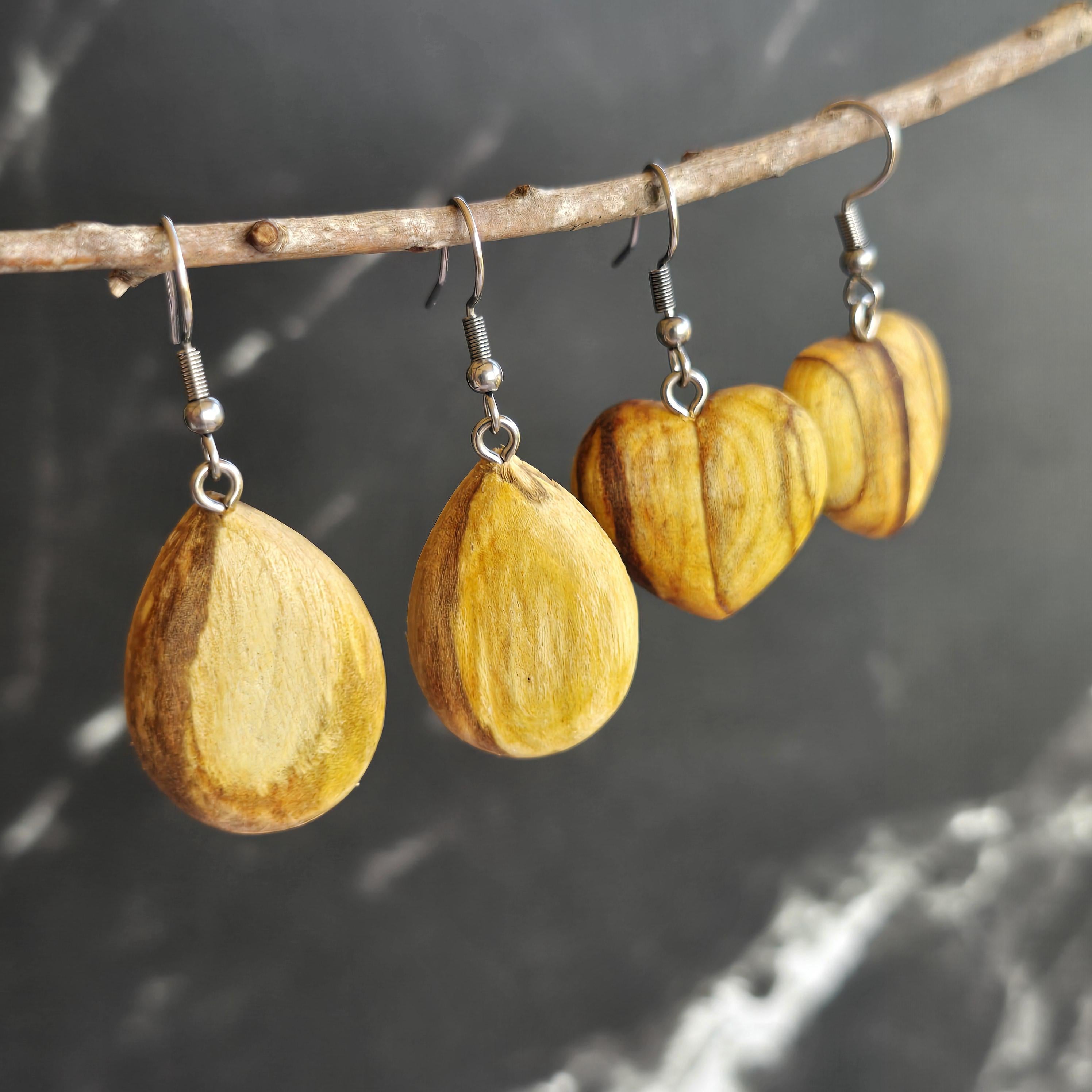 Palo Santo Wood Earrings - Heart or Drop Shape Dangle Earrings