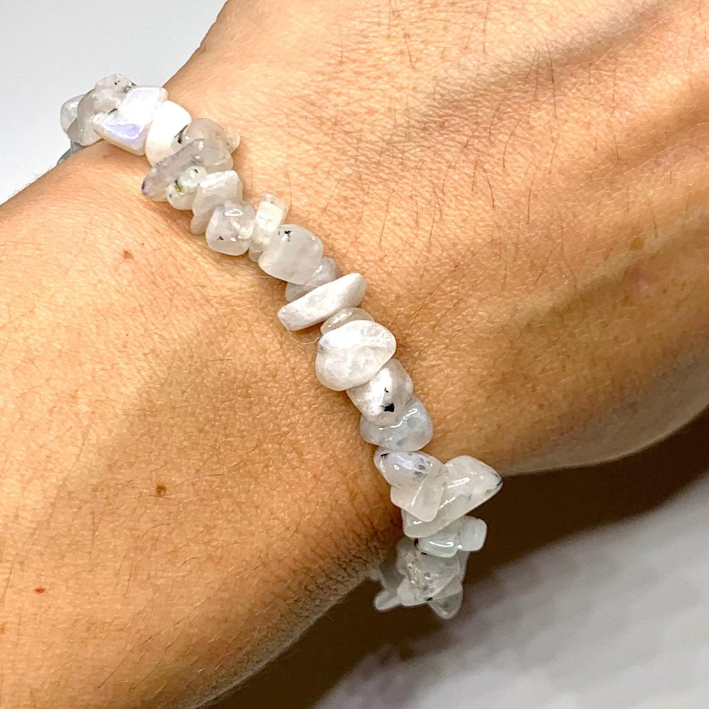 Rainbow Moonstone Crystal Chip Bracelet: Gemstone Beaded Stretch Bracelet