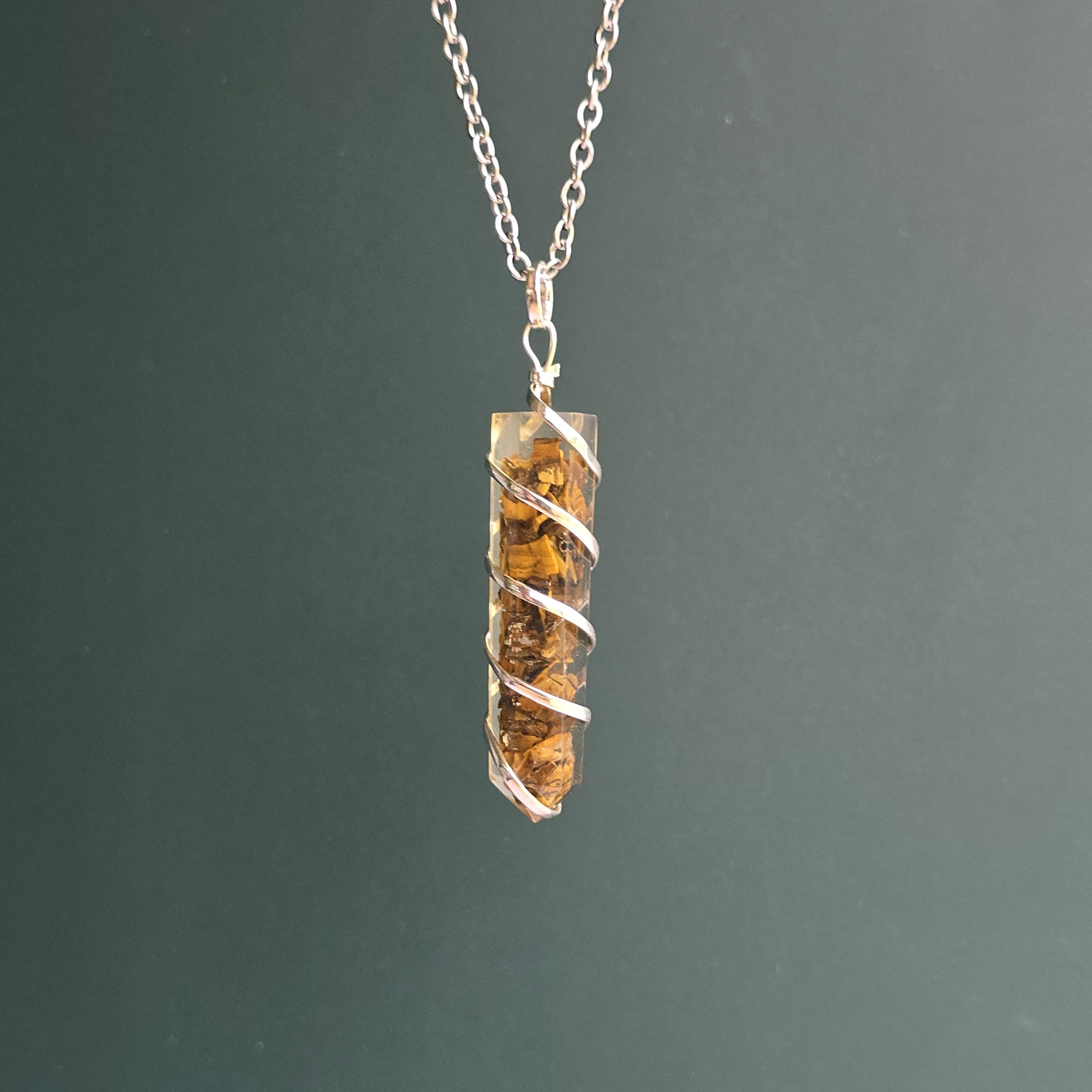 Tigers Eye in Orgonite Coil Wrapped Pendant Necklace