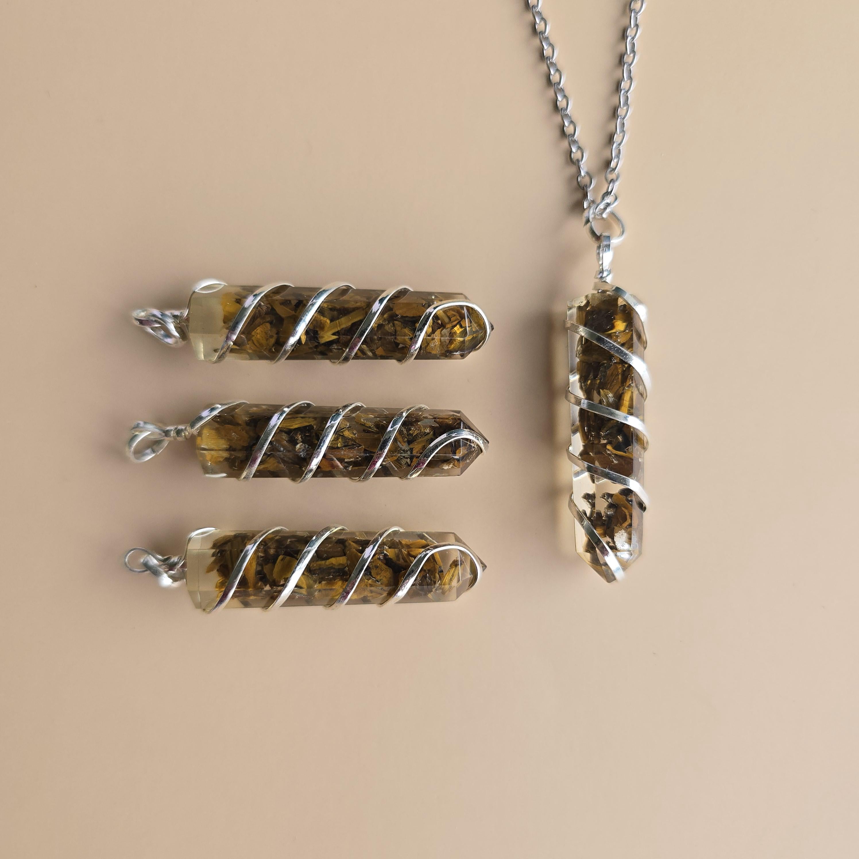 Tigers Eye in Orgonite Coil Wrapped Pendant Necklace