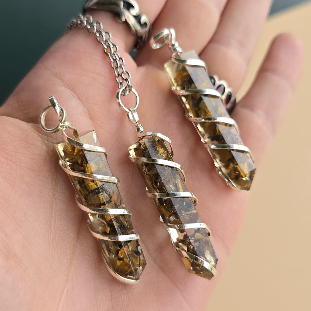 Tigers Eye in Orgonite Coil Wrapped Pendant Necklace
