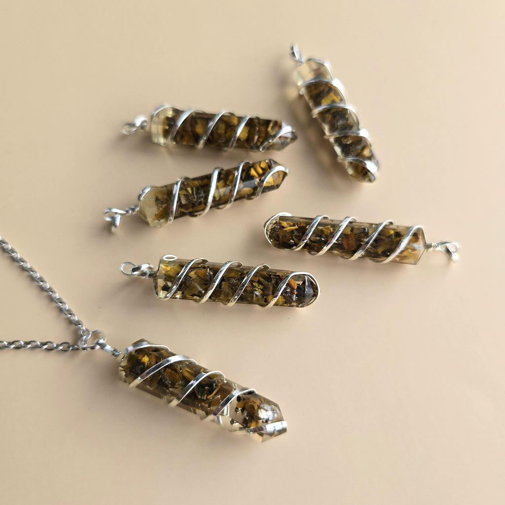 Tigers Eye in Orgonite Coil Wrapped Pendant Necklace