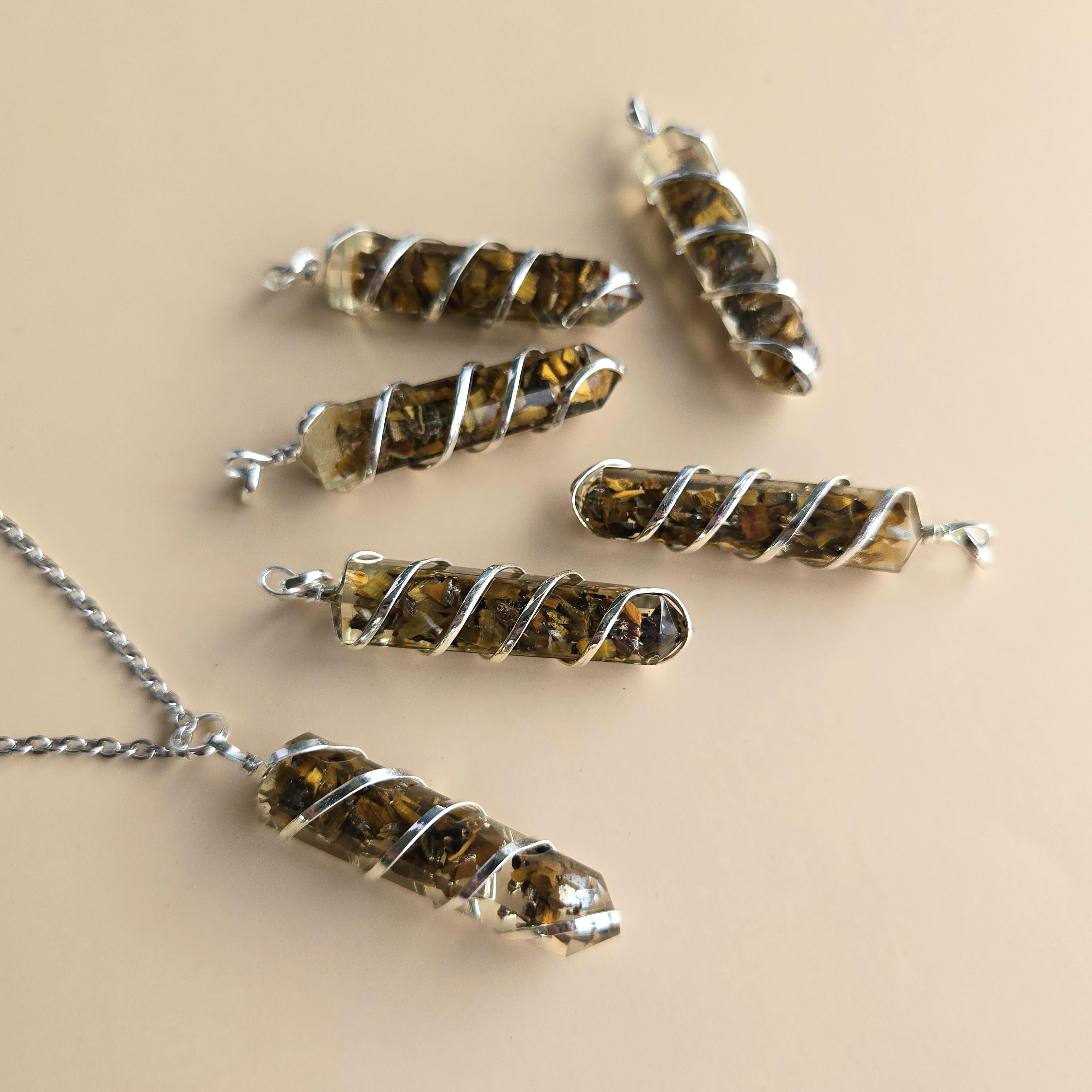 Tigers Eye in Orgonite Coil Wrapped Pendant Necklace