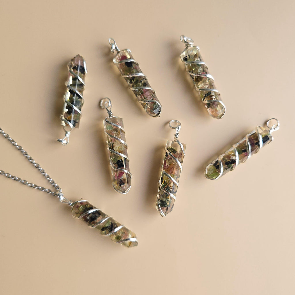 Watermelon Tourmaline in Orgonite Coil Wrapped Pendant Necklace